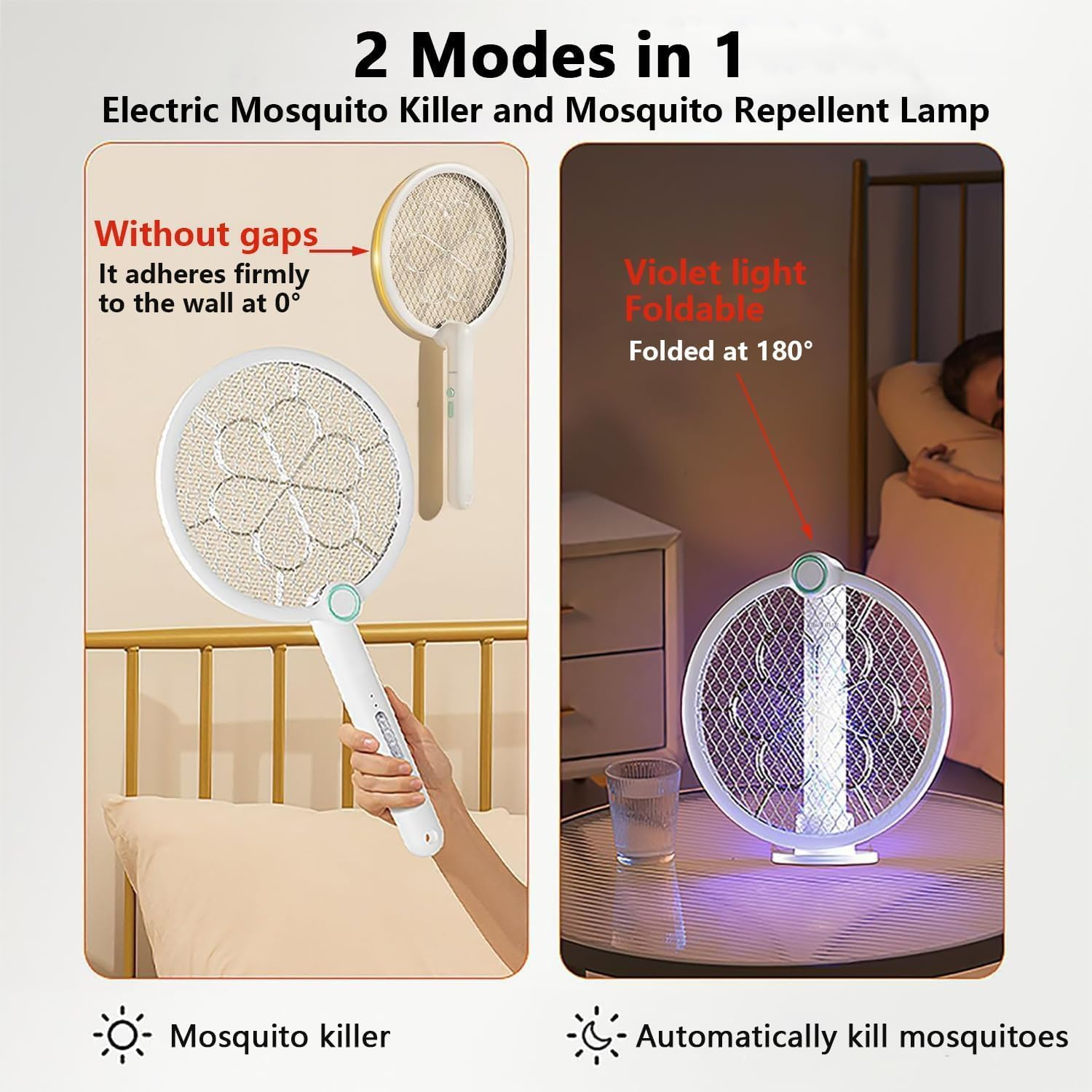 Foldable Electric Fly Swatter, Mosquito Zapper Lamp with Stable Base, 2-In-1 USB Rechargeable Bug Zapper for Indoor Outdoor Use in Kitchen Garden Patio image number 3
