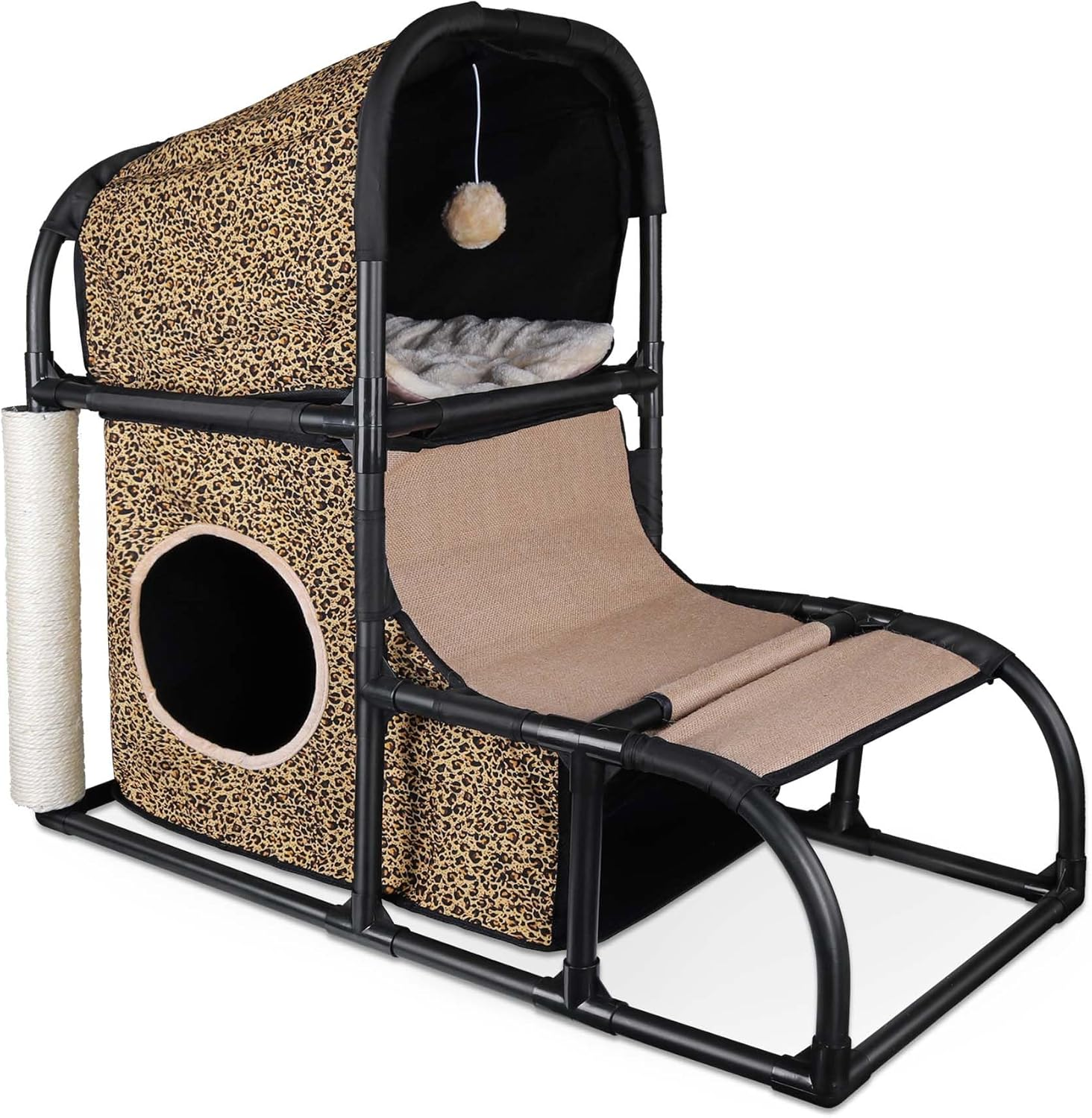 Goetland PVC Modern Cat Condo House Tree Medium Tower Bed Scratching Post Climber with Peek Hole and Dangling Ball for Kitty Indoors Leopard