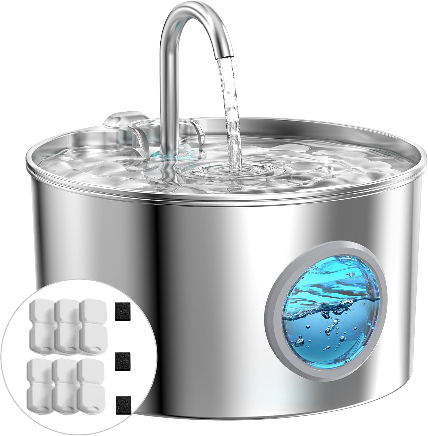 Stainless Steel Cat Fountain: Automatic Cat Drinker &ndash; 2.2L Cat Fountain &ndash; Super Quiet Pet Water Fountain &ndash; Water Dispenser for Dogs &ndash; with 6 Filters + 3 Sponges image number 1