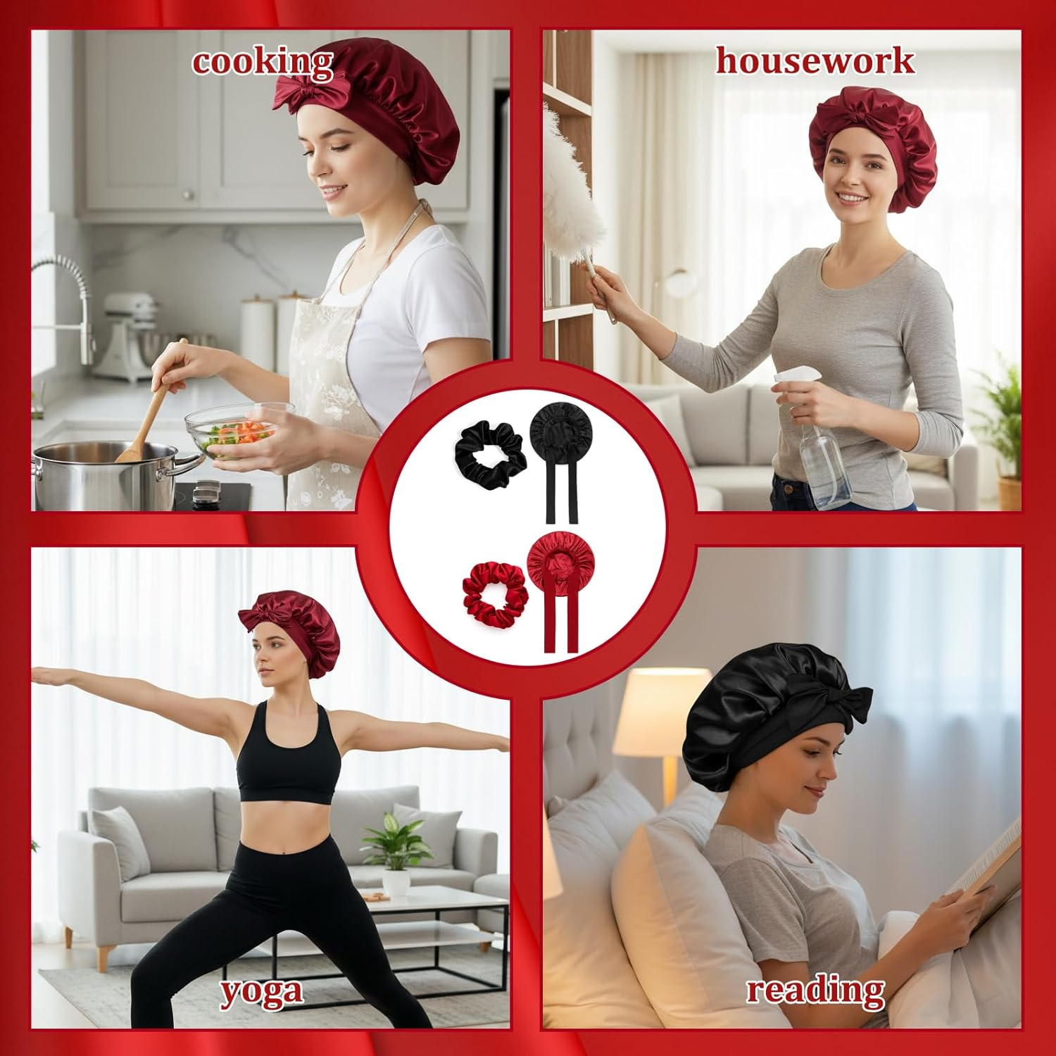 Jazrvr Silk Sleep Cap, Set of 2, Black and Red, Silk Bonnet for Hair Care, 32 X 22 Cm, Soft and Comfortable for a Good Night'S Sleep image number 3