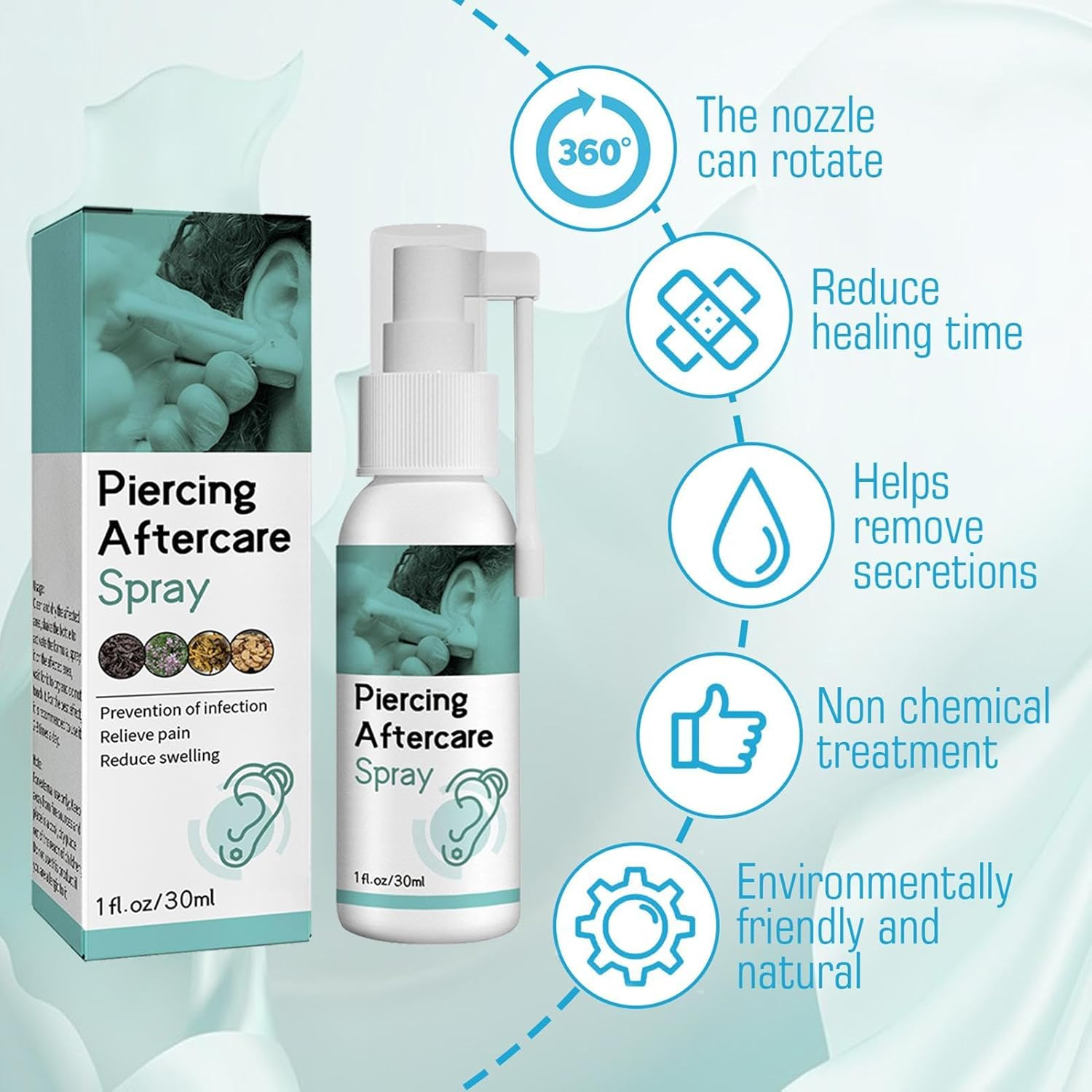 Piercing Aftercare Spray, Earring Cleaning Solution, Gentle Ear Hole Cleaner for Ear Piercing Solution, Cleansing Care, Soothing Mist, Shrink Bumps for Ears, Nose, Tongue, Navel Piercings, 30Ml image number 3