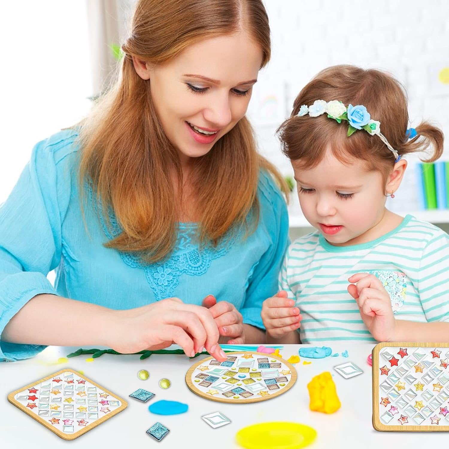 WATHFKCU 4 Sets DIY Glass Mosaic Tiles for Crafts,Mixed Color Mosaic Kits with Wooden Coaster for Adults,Mosaic Crafts Materials Package for Coaster Handmade Home Decor Gifts image number 4