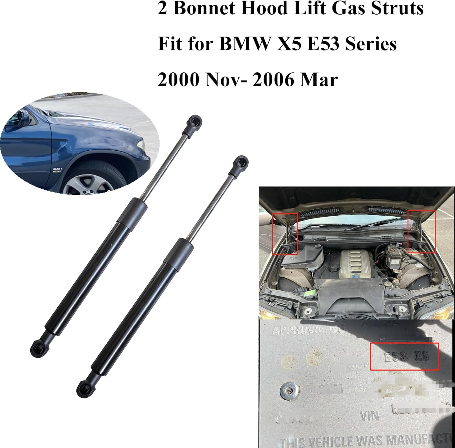 2 Bonnet Gas Struts for BMW X5 E53 2000 2001 2002 2003 2004 2005 2006 SUV Sport Utility SAV 4DR Wagon Front Hood Lid Lift Stay Supports Shocks 640N OE:51238402551