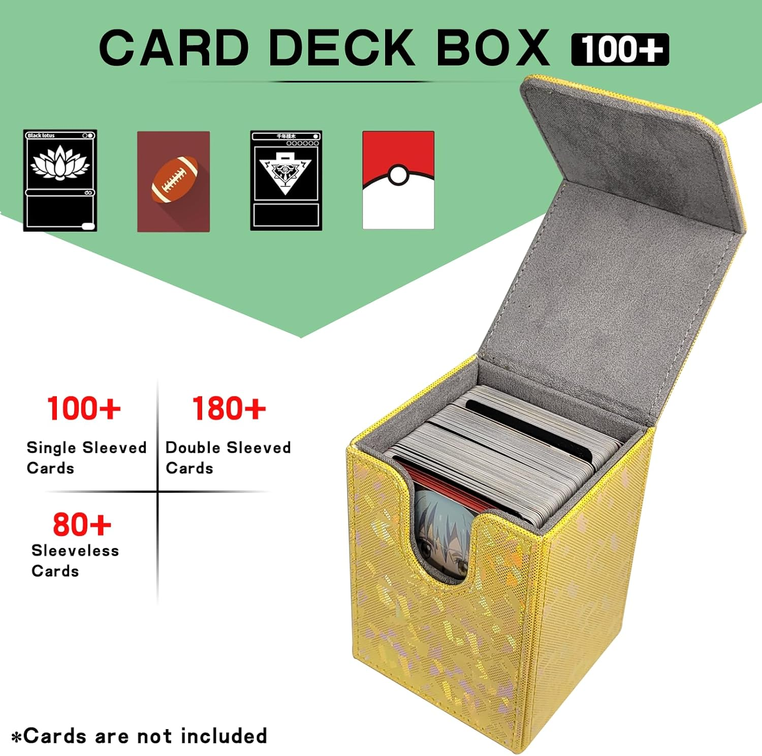 Dmoicols Sparkly Card Deck Box Holds 100+ Single Sleeved Cards,Leather Card Storage Case,Mtg Commander Deck Box with 2 Dividers Fit TCG CCG Magic Cards Vertical (Sparkly Yellow Piece)