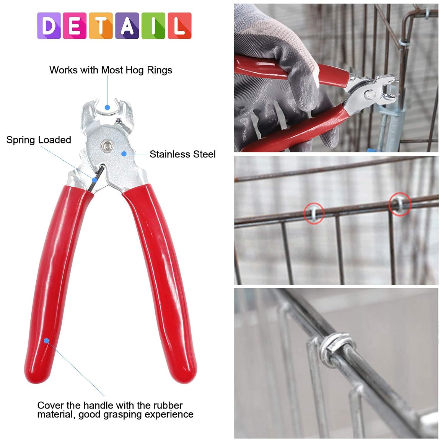 Glarks 362Pcs Hog Ring Pliers Kit with 360Pcs 1/2'' 3/4'' 3/8'' Steel Hog Rings and Anti-Cutting Gloves for Upholstery, Fencing, DIY Craft, Furniture and More image number 5
