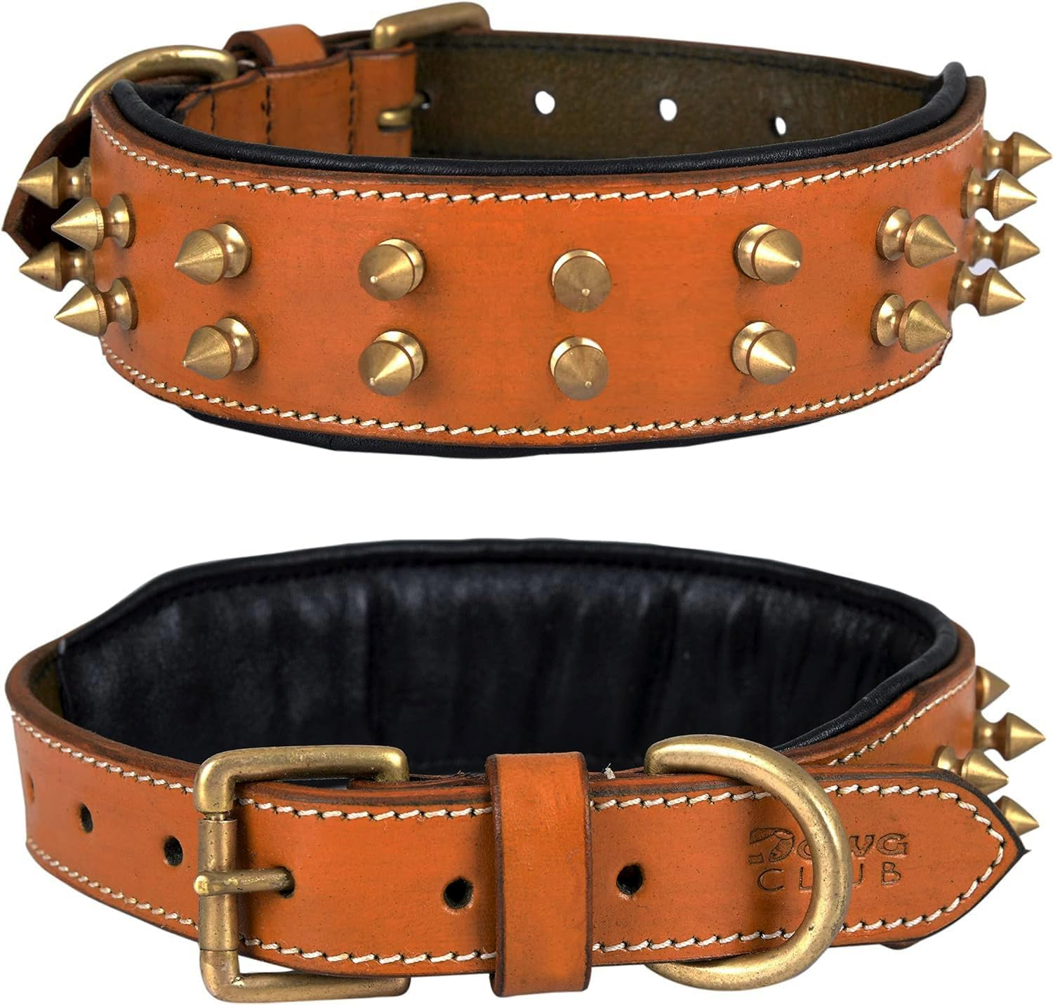 Dowgclub | Genuine Leather Spiked Dog Collar | Full Grain, Heavy Duty | Comfortable, Strong, Best for Medium, Large, XL Breeds | (L (Fit Neck Size 18.5"-22.5"), Brown with Gold Spikes)