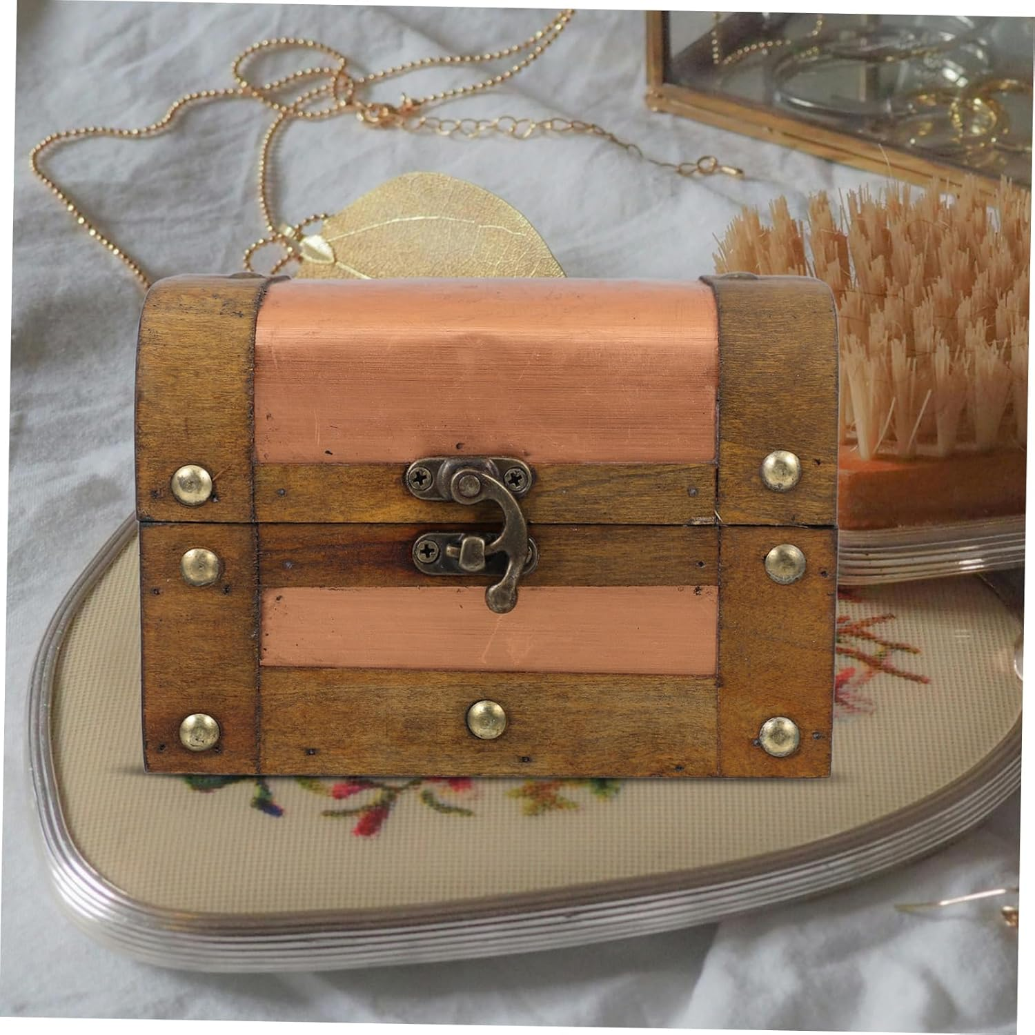 Alipis Wooden Storage Box Vintage Treasure Chest Lock Decorative Jewelry Storage Box Trinket Sundries Case Keepsake Container for Jewelry Small Items Desk image number 2