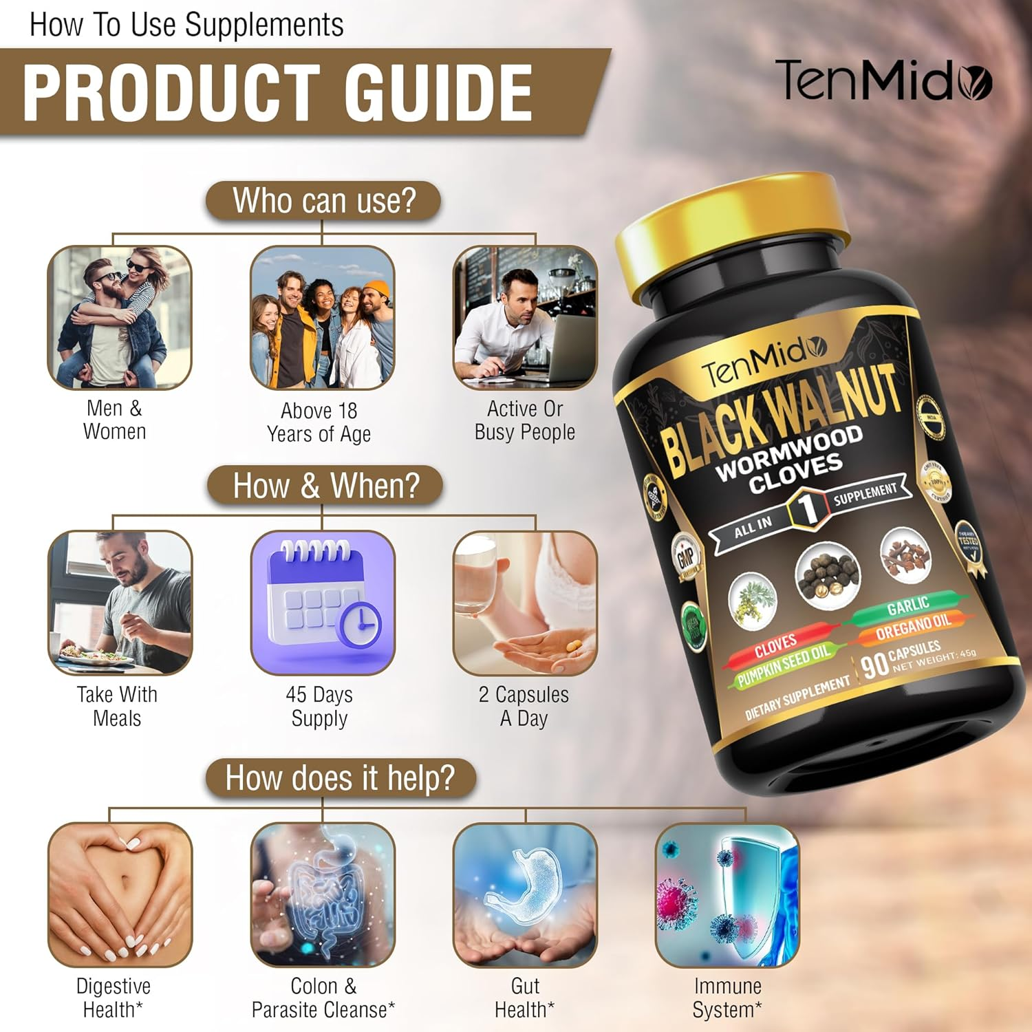 Black Walnut, Wormwood, Cloves Supplements - 6In1 Blend with Pumpkin Seed, Garlic, Oregano - Gut & Digestive Health Support - 90 Vegan & Non-Gmo Capsules image number 6