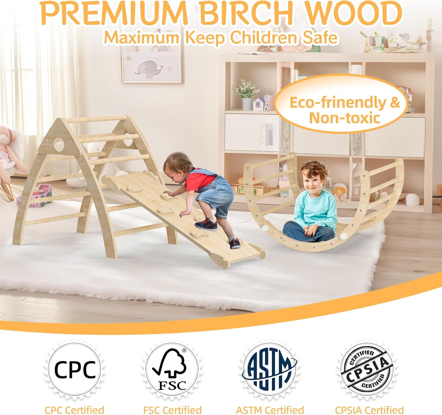 Pikler Triangle Set for Toddler Climbing Toy Indoor, Montessori Toddler Climbing Toys Set with Climbing Triangle, Ramp, Transformable Arch, Indoor Playground Climbing Toys Set for Toddlers image number 4