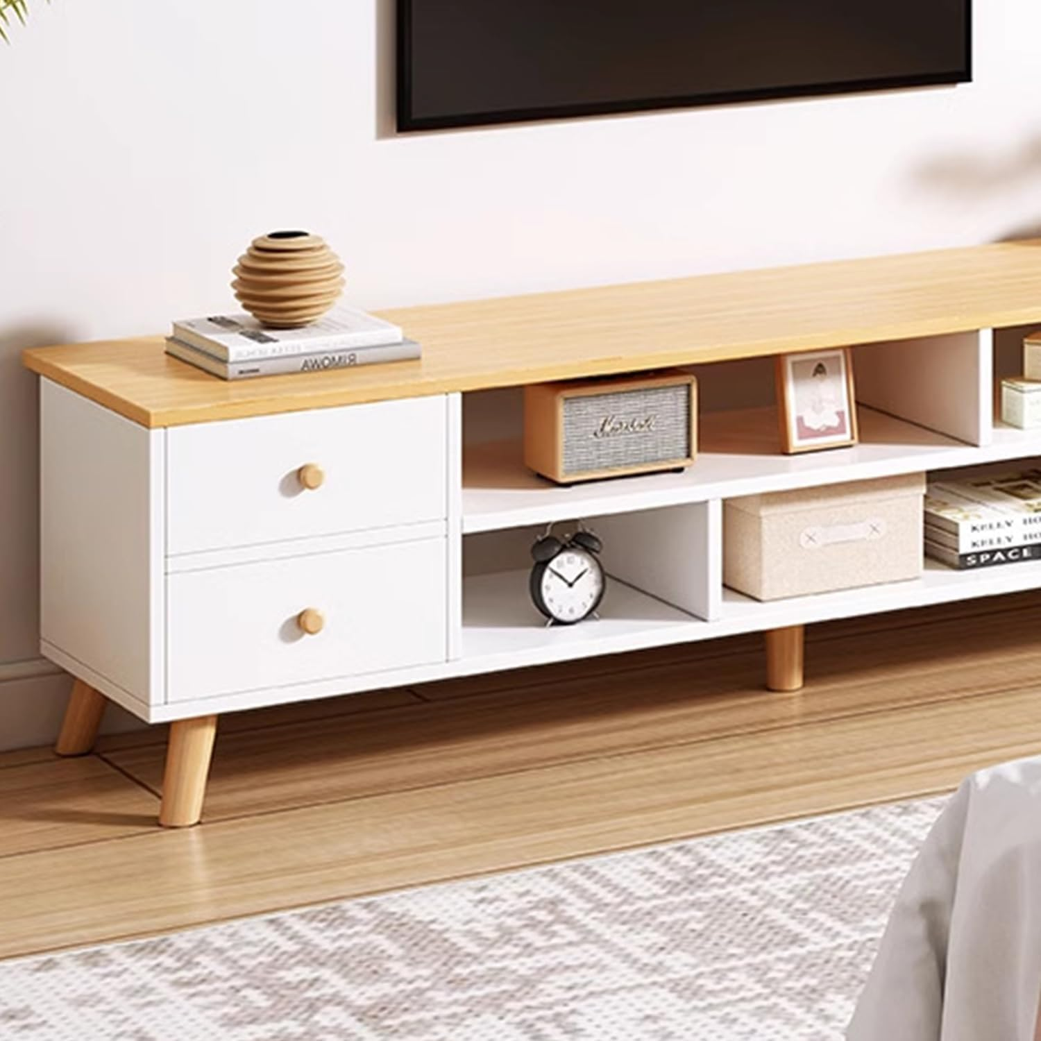 Uandhome Modern TV Cabinet,Wooden TV Entertainment Media Center Console Table with Drawers and Doors and Open Storage Shelf, Multifunctional TV Stand/Unit for Living Room,Bedroom (Wood 140*30*38Cm) - Log image number 3