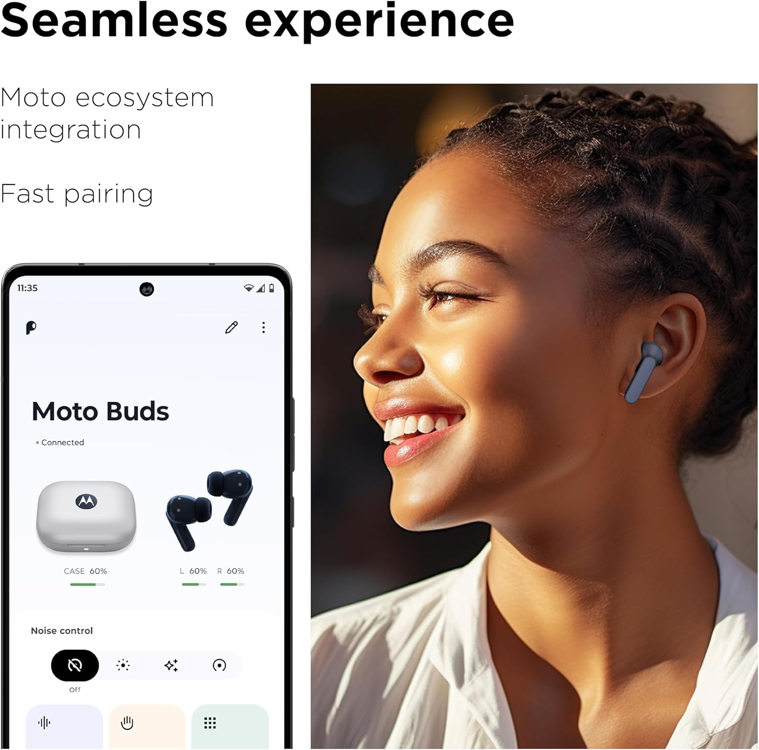 Motorola Moto Buds (Bluetooth 5.3 Earbuds, Hi-Res Sound, Dolby Atmos, Active Noise Cancellation, Wireless Charging, up to 42 Hours Battery Life, 3-Way Microphone System) Starlight Blue image number 7