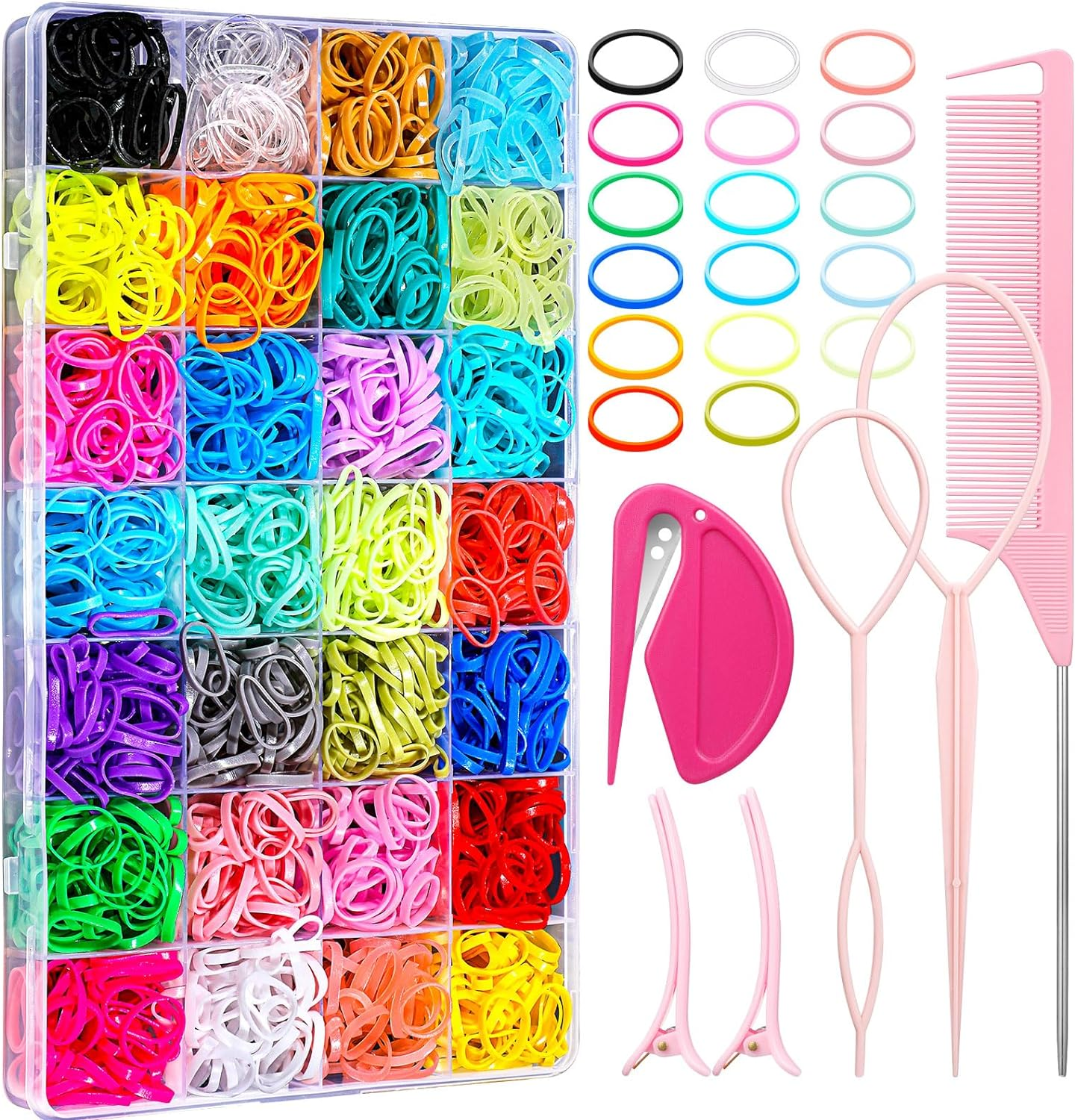 28 Colored Rubber Bands for Hair, 1500 Pcs Small Girls Hair Ties Elastic Hair Ties Hair Rubber Bands with 6 Hair Styling Tools Colorful Hair Accessories for Girls Baby Toddlers Kids