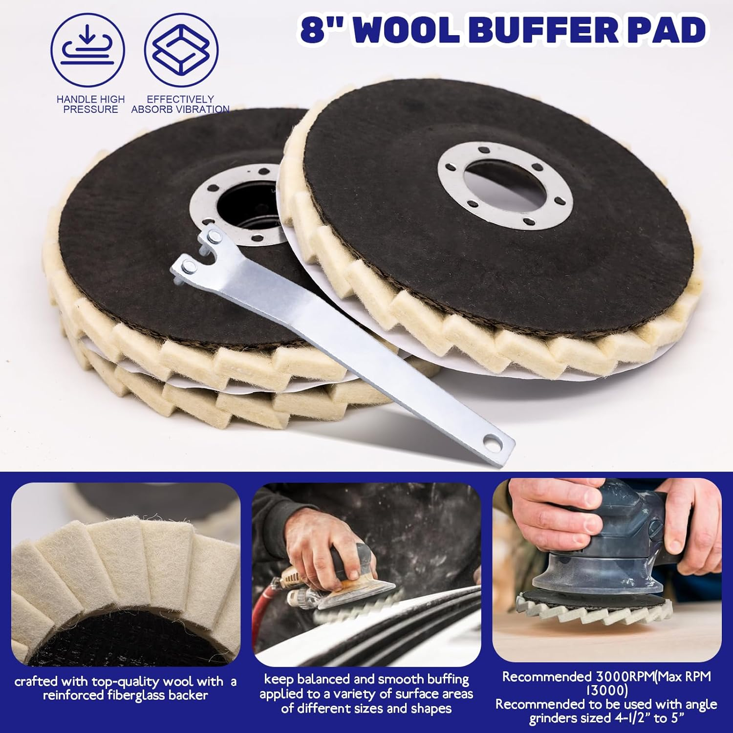 Waltool 16Pcs Assorted Buffer Wheel Set Contains 4-1/2 X 7/8 Inch Arbor Wool Felt Flap Disc, 4'' Wool Felt and Nylon Fiber Disc with 3 Polishing Compound & Metal Wrench for Angle Grinder image number 4