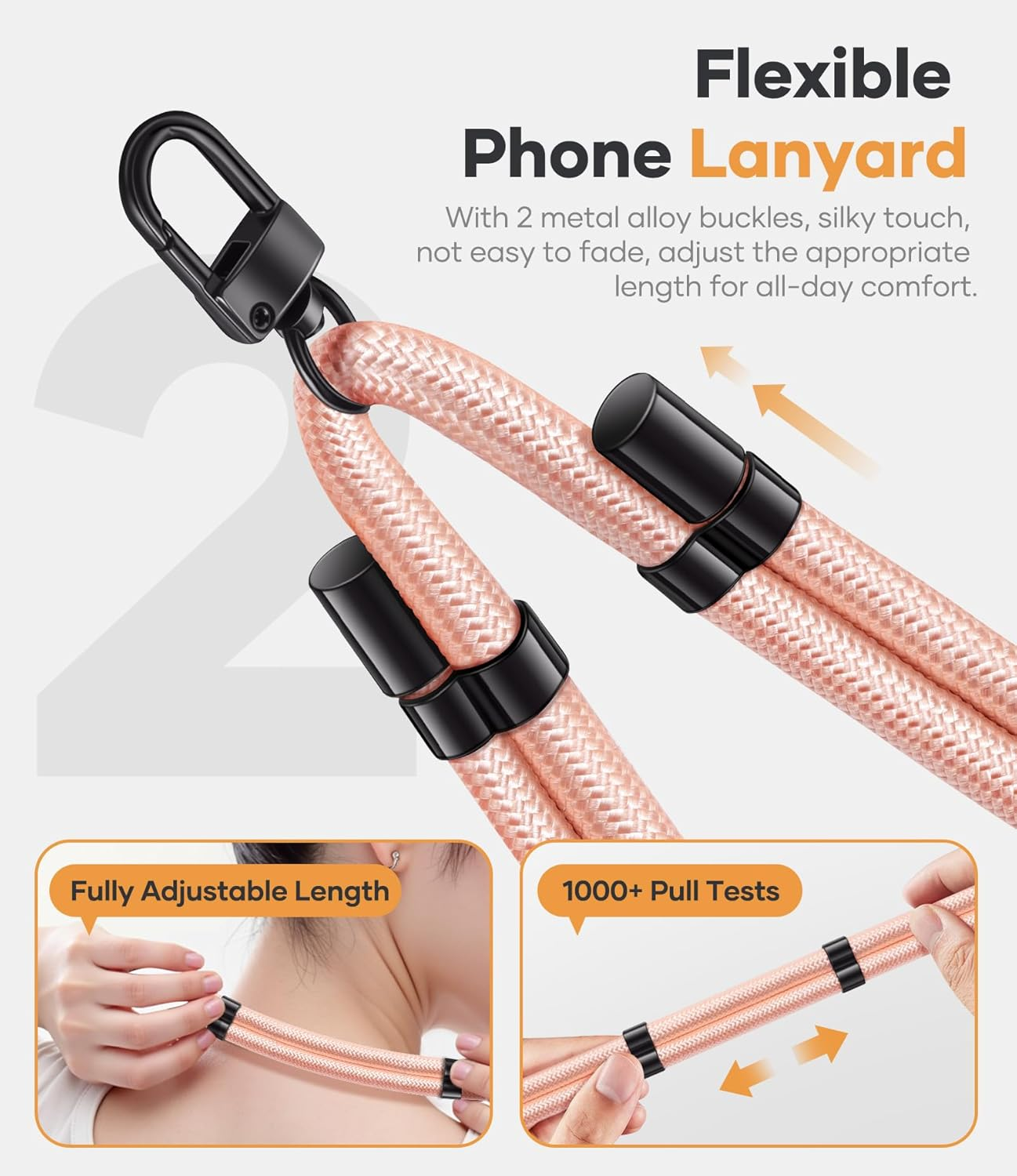 For Phone Lanyard Crossbody with 2X TPU Clear Phone Tabs, Retractable Cellphone Lanyard, Premium Metal Buckles, Skin-Friendly, Universal Wrist Strap Leash for Women Men,Pink-Gold - Pink Gold image number 3