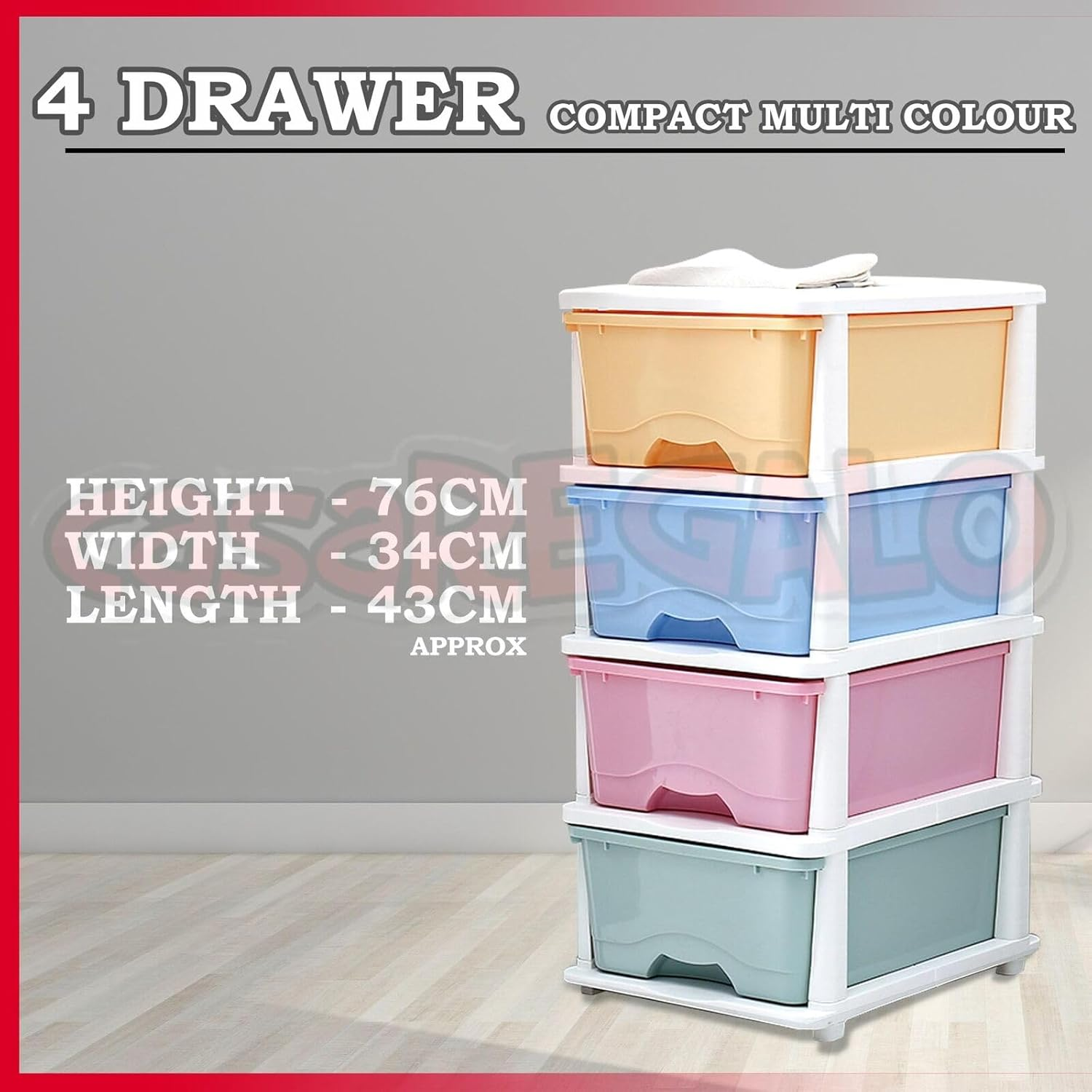 4 Tier Drawer Storage Organiser Plastic Office Box Cabinet Coloured