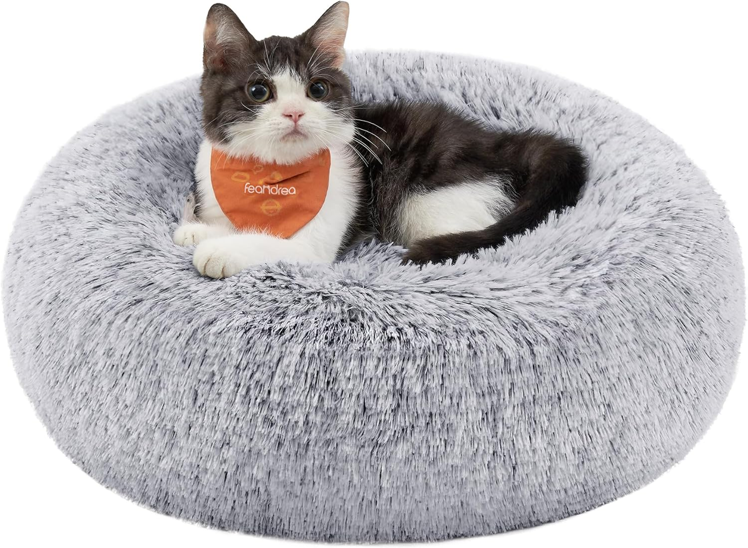 Feandrea Fluffy Dog Bed, Cat Bed, Doughnut Cushion, Washable, Removable Padding in the Centre, Long Plush, 50 Cm Diameter, Ombre Grey PGW037G01 image number 2