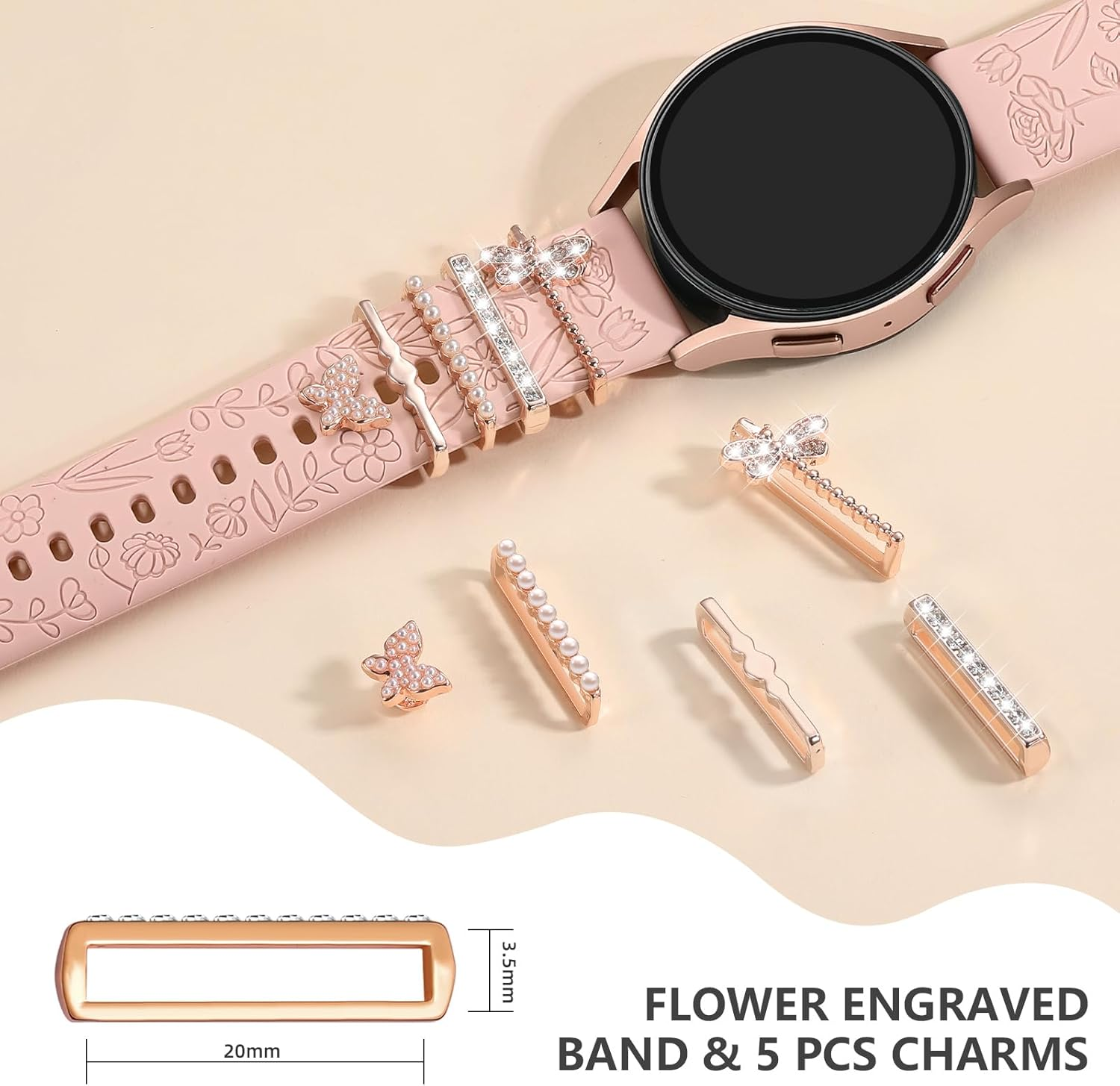 Getino Flower Engraved Band Compatible with Samsung Galaxy Watch 7 Band/Fe 6 5 4 40Mm 44Mm,Galaxy Active 2, 20Mm Watch Band Soft Silicone Replacement Strap with Decorative Charms Accessories Women - Milktea Love image number 3