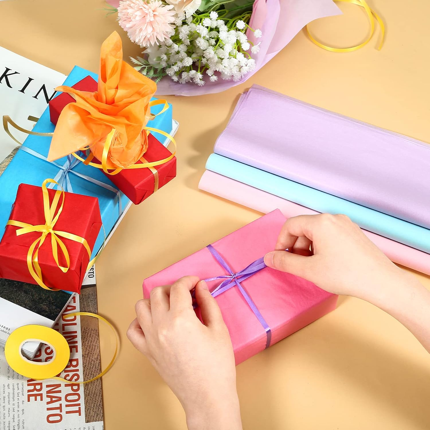 LEMESO 200 Sheets 20 Assorted Art Tissue Paper, 8 X 11 Inches (A4), 20 Colors, Gift Wrapping, DIY Art Creation, Party Decorations image number 2