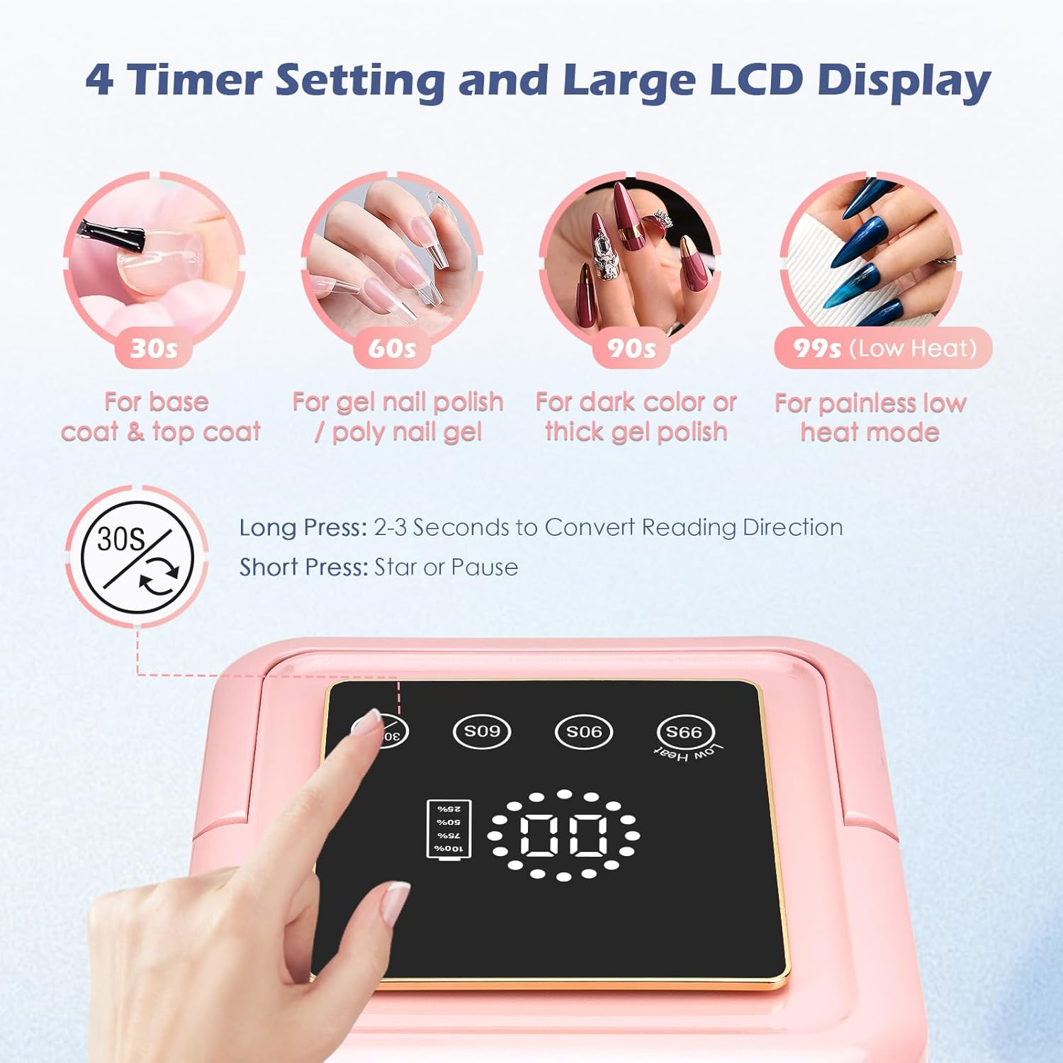 Madenia Rechargeable UV Nail Lamp: 108W Professional UV LED Nail Lamp for Gel Nails Polish - Cordless Nail Dryer Curing Lamp with 4 Timers Auto Sensor and LCD Display for Home & Nail Salon Use, Pink