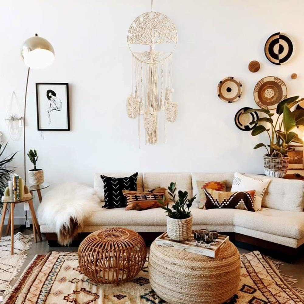 Tree of Life Large Dream Catcher, Boho Macrame Dreamcatcher with Feather Leaf | Large Woven Wall Hanging for Bohemian Wedding, Bedroom, Nursery, Cafe, or Gypsy Decor image number 3