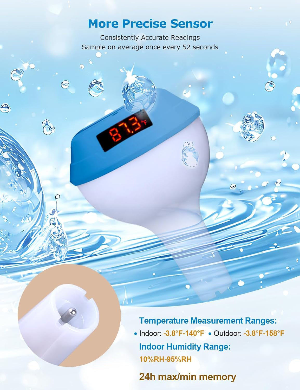 Solar Pool Thermometer Indoor Outdoor Temperature Humidity Monitor, Pool Light, Temperature Humidity Alarms, for Swimming Pools, Hot Springs, Hot Tubs, Baby Baths, Small Ponds image number 5