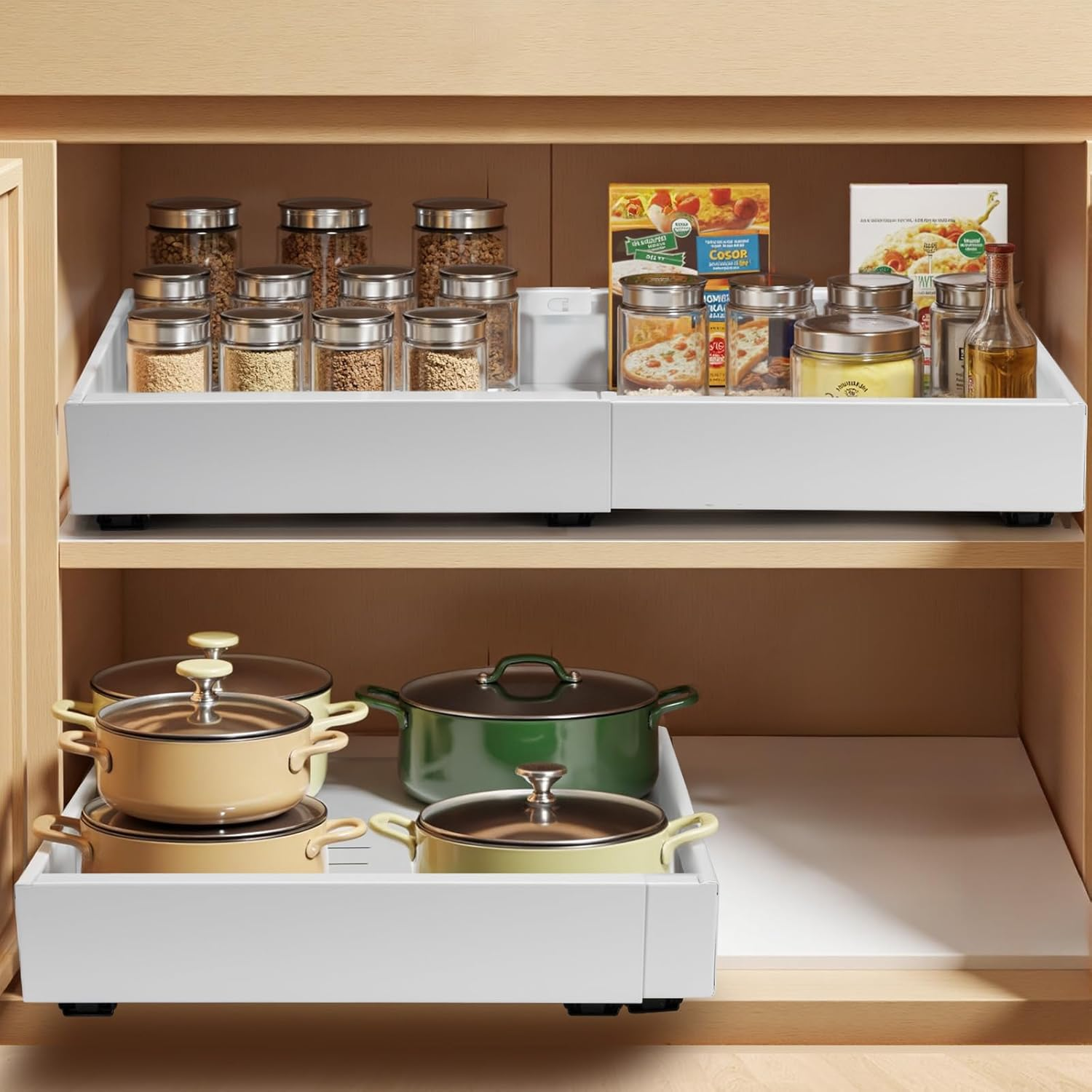 2 Pack Pull Out Drawers for Cabinets - Adjustable Expandable Organizer with Adhesive Film Fixing Screw, Slide Out Drawers Shelves Width 31-52Cm, Ideal for Pantry Storage Kitchen Organisation Bathroom image number 6