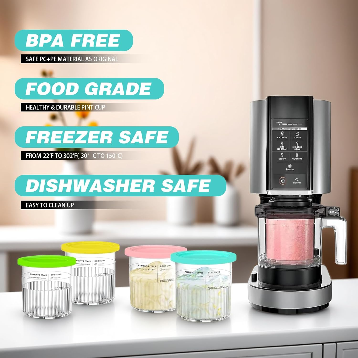 Creami Pints for Ninja Creami Deluxe Tubs, Containers Replacement for Ninja Creami Deluxe NC500 NC501 Series Ice Cream Makers, 24Oz Pints with Lids,Bpa-Free(4 Pack) image number 2