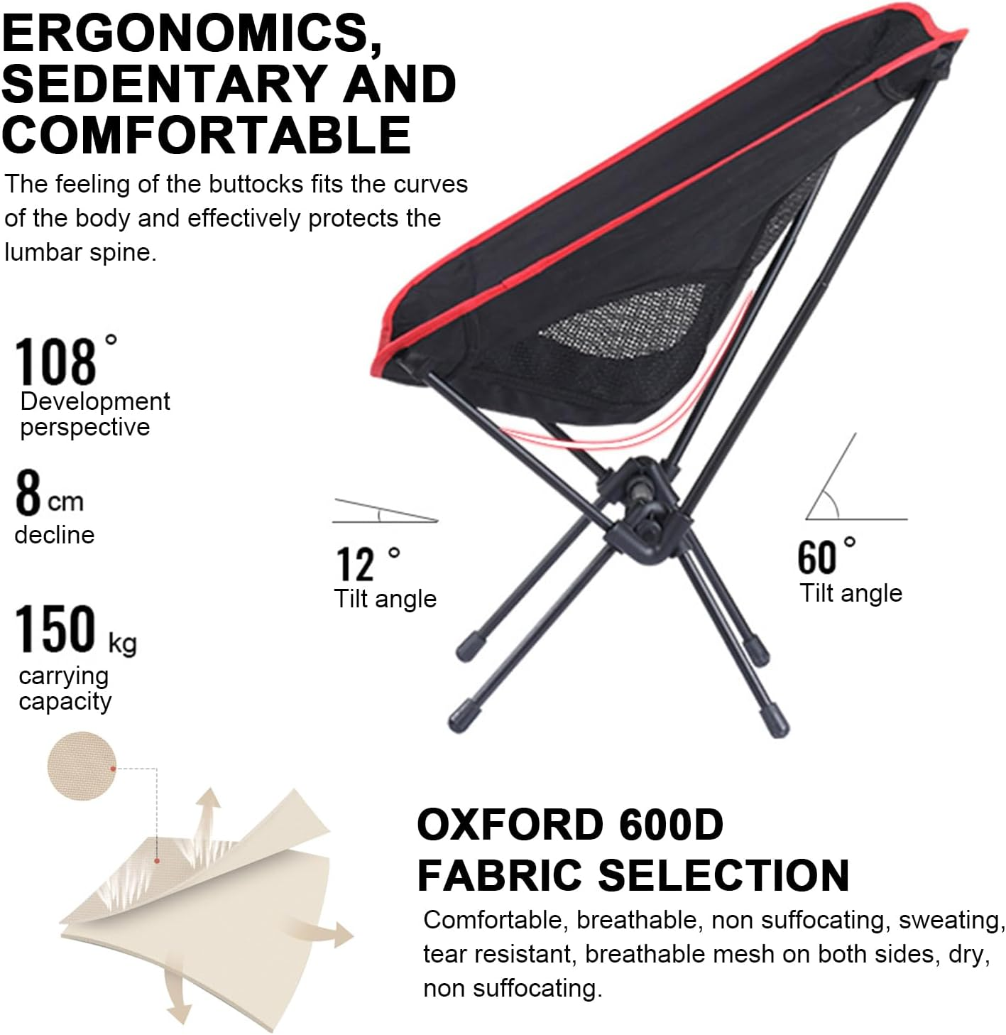 2 Camping Folding Chair, Outdoor Beach Folding Chair, Portable Moon Chair, Space Chair, Camping Fishing Chair, Hiking Chair with Carrying Bag (Black, Large) image number 2