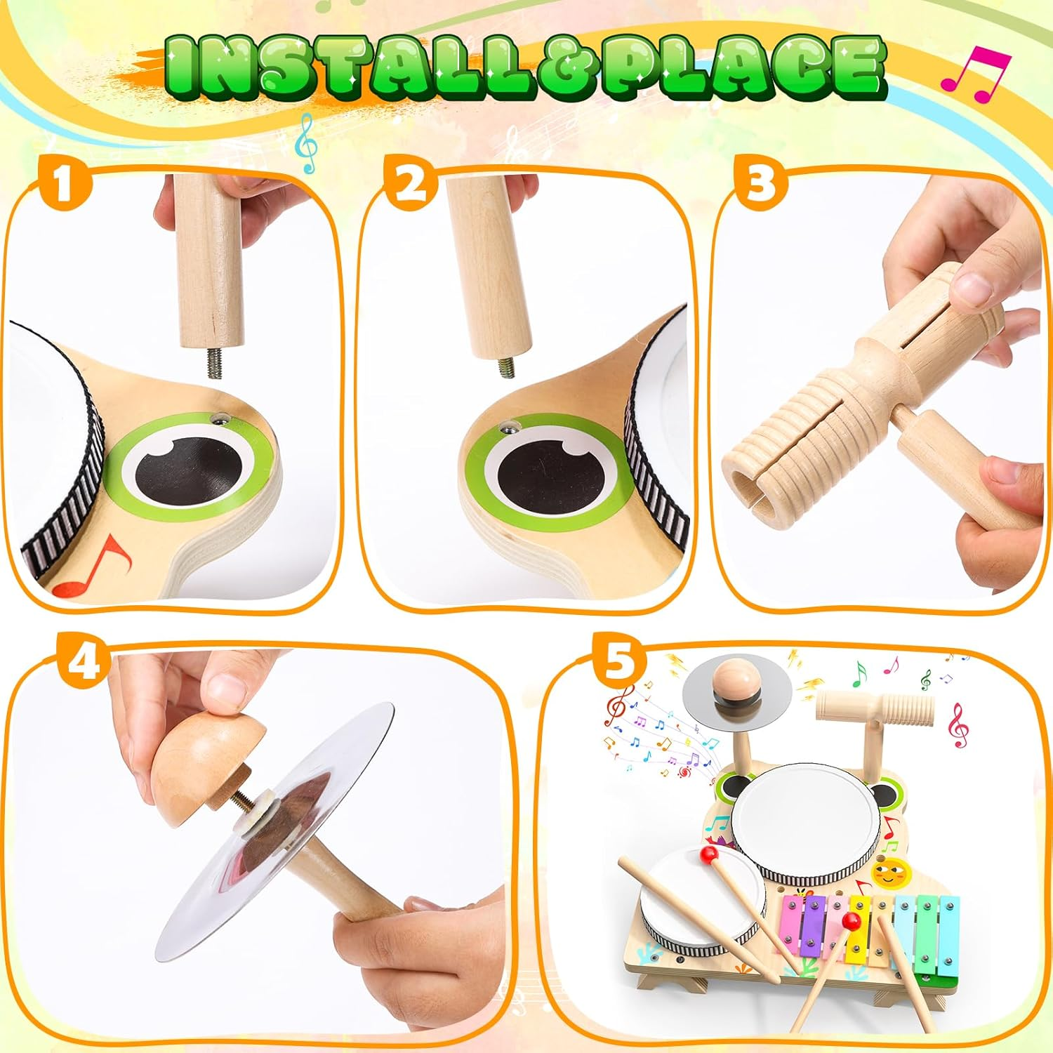 SKIRFY Kids Toys Musical Instruments, Toddler Wooden Toys Drum Kit, Baby Toy with Drum Sticks, Xylophone, Learning & Education Sensory Toy S for 3 4 5 Year Od Boys Girls image number 1