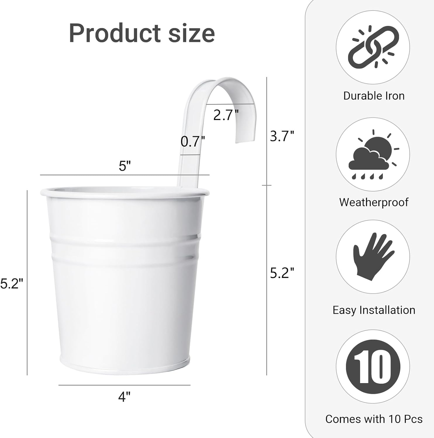 Dahey 10 Pcs Hanging Flower Pots Metal Iron Bucket Planter for Railing Fence Balcony Garden Home Decoration Flower Holders with Detachable Hooks, White, 5 Inches image number 3