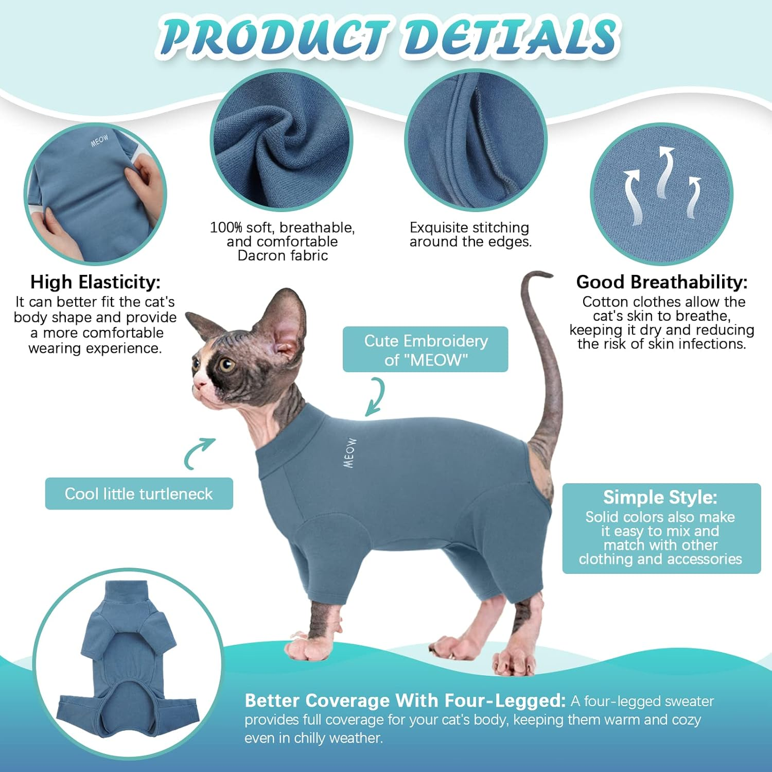 Hjyokuso Sphynx Cat Clothes, Breathable Soft Cat Jumpers for Cats Only, Cat Coat with Four Legs, Warm Cat Sweaters, Cat T-Shirt, Cat Pajamas Jumpsuit Vest for Sphynx, Cornish Rex, Devon Rex,Peterbald image number 5