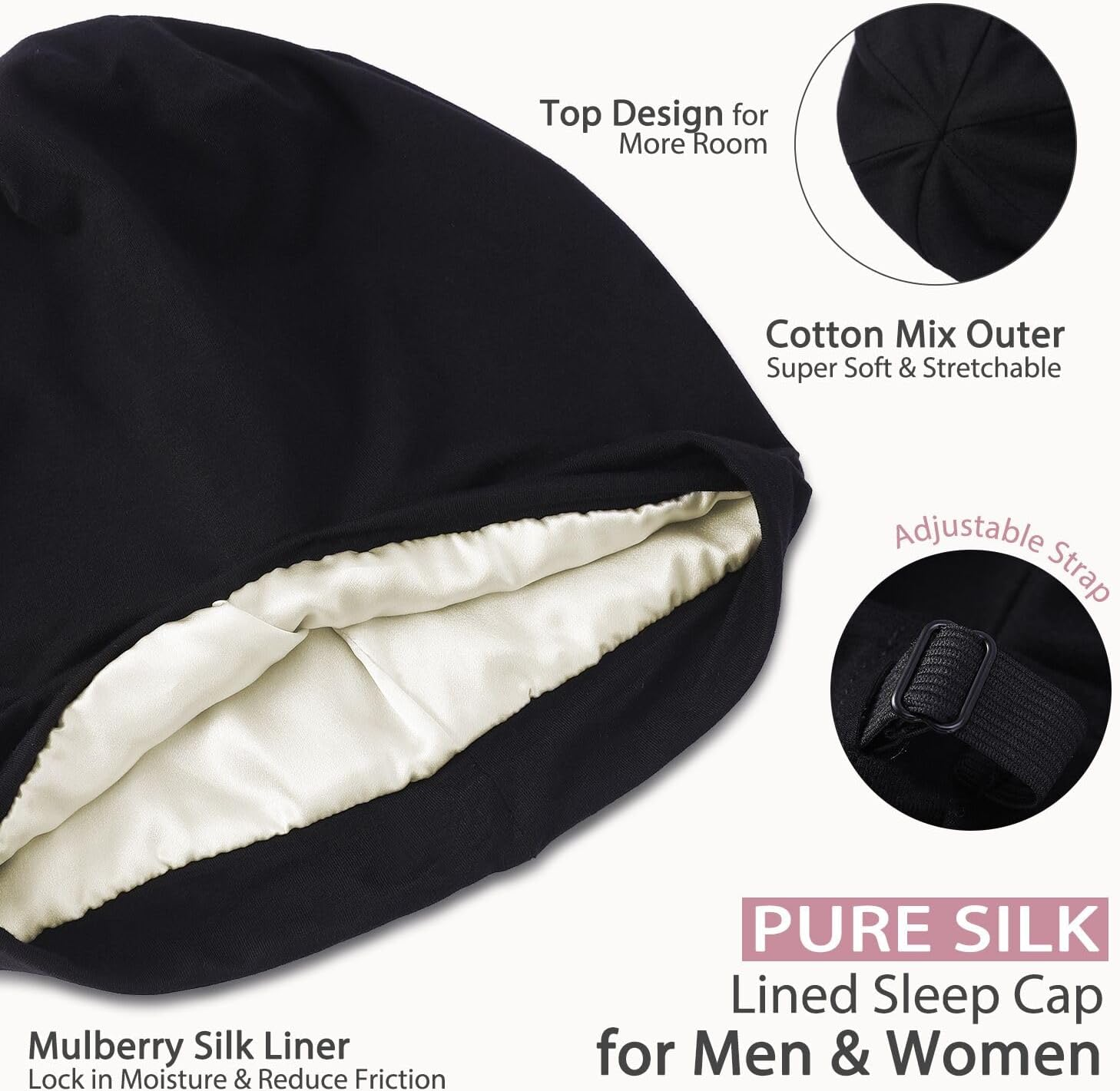Hat Hut 100% Mulberry Silk Lined Sleep Cap Pure Silk Bonnet for Curly Hair Wrap Bonnet for Sleeping Slouchy Beanie for Men Women - Black image number 2