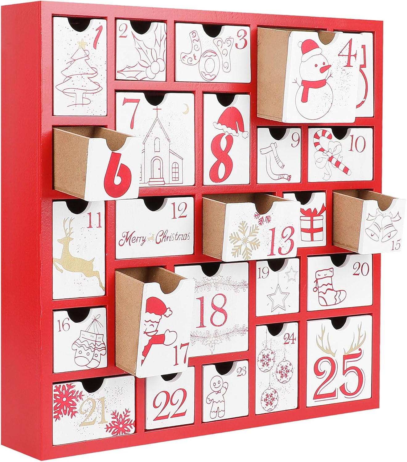 CCINEE Christmas Wooden Advent Calendar with 25 Large Drawers, Countdown to Christmas Decoration Large Size Xmas Countdown Calendar 2024 Hand Painted Refillable Advent for Holiday Decoration(Red) image number 5