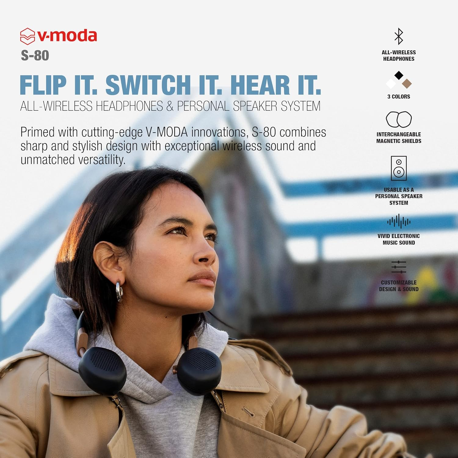 V-MODA S-80 All-Wireless Headphones and Personal Speaker System. Sharp and Stylish Design. Punchy Sound, Tuned for Electronic Music. Mobile Editor App. Rose Gold. image number 2