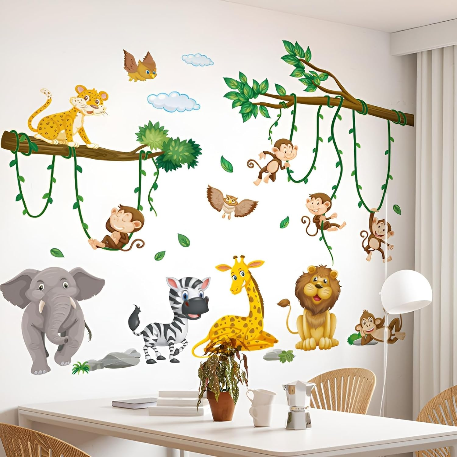 Large Jungle Animal Wall Decals, Animal Party Windows for Early Education Children'S Room, Nursery Decorated with Giraffe Elephant Monkey Tree Branches