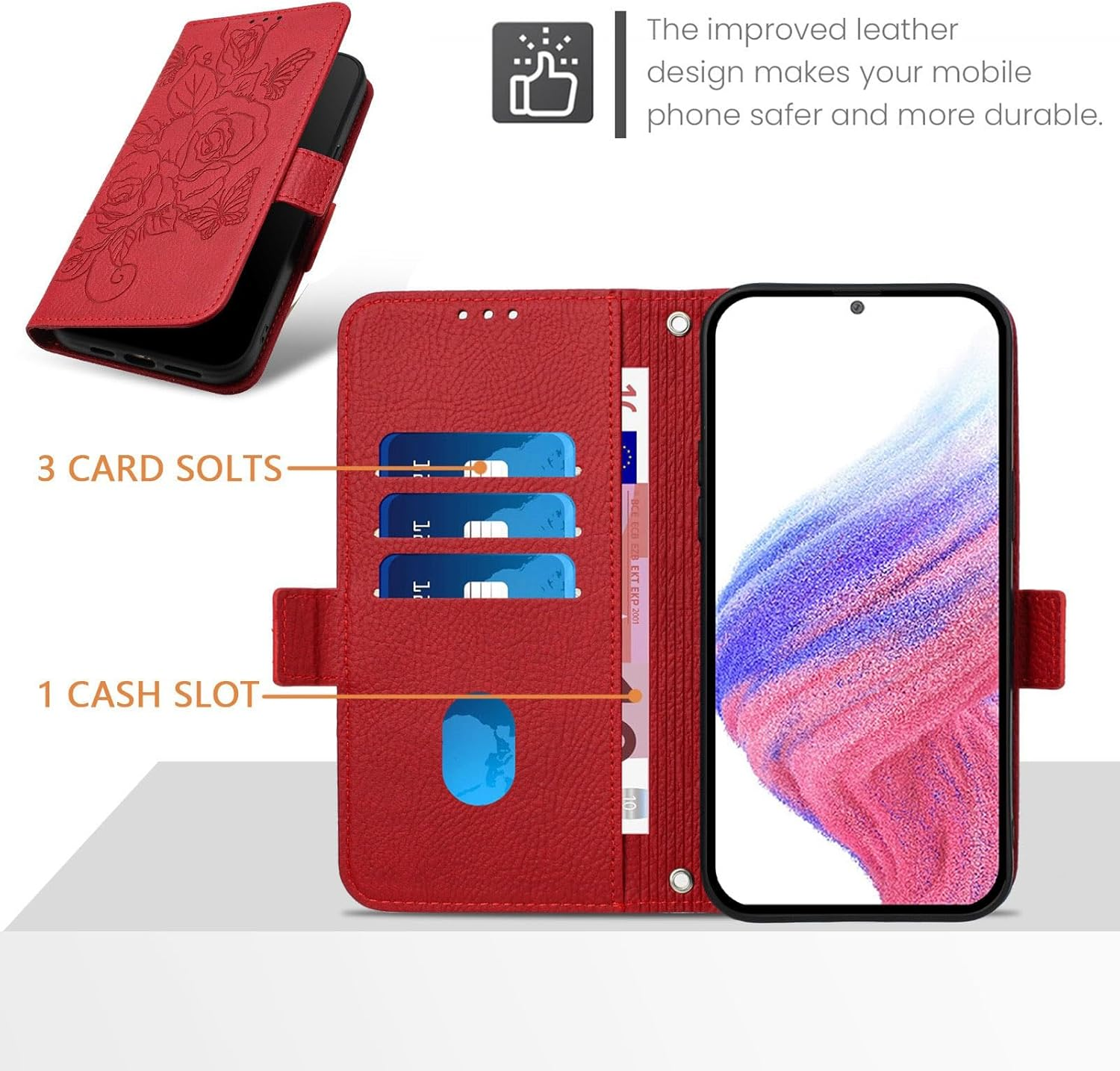 IMEIKONST Mobile Phone Case for Motorola Moto Edge 50 Neo 5G Case, Protective Leather Case Stand Wallet Card Slot RFID Blocking Shockproof Mobile Phone Case for Moto Edge 50 Neo 5G. Red Flowers YBH image number 6