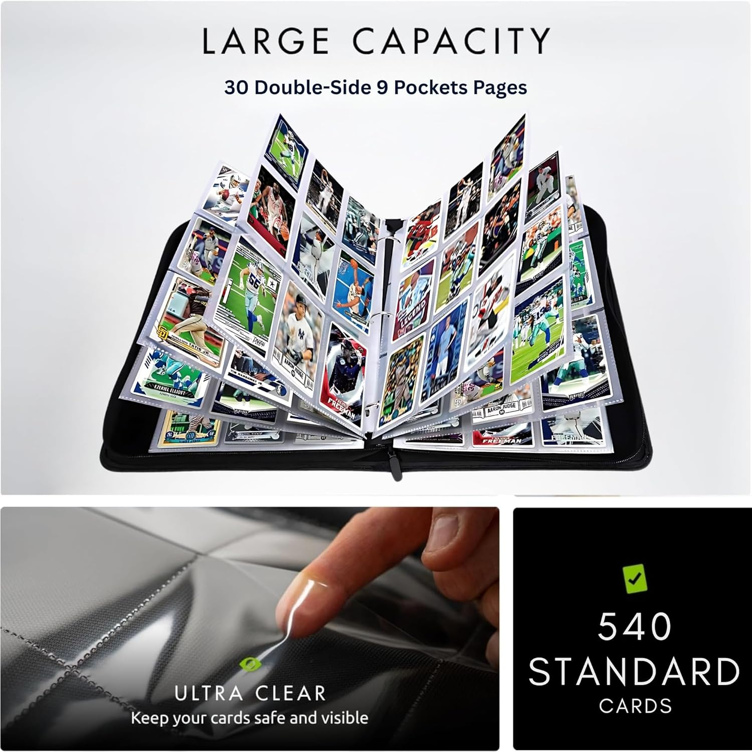 Trading Card Binder 9 Pocket Holds 540 Cards, 30 Double Side Loading Binder Sleeves, Premium Binder with Exo-Tec Material Folder/Album for Sport Card like Pokemon, TCG, MTG & Collectible Games image number 2
