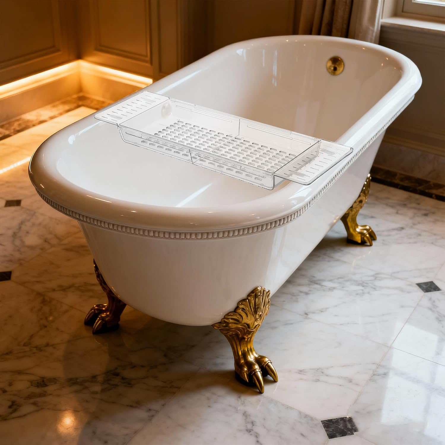 Cabilock Foldable Bathtub Tray: Expandable Plastic Bath Caddy - Bathroom Shower Table Accessories for Book Phone Tablet Wine Kichen Over-The-Sink Organizer Storage Rack image number 1