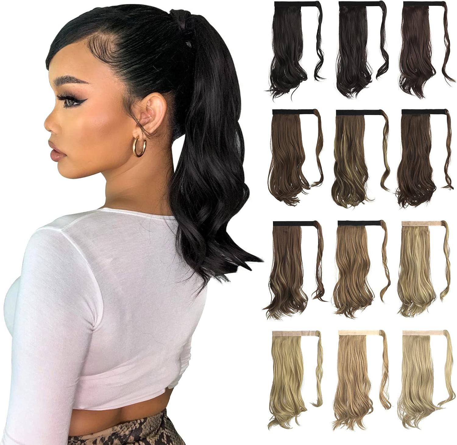 Sofeiyan Ponytail Hairpiece Curly Hair Extension Ponytail Extension Synthetic Natural Wavy Hairpiece Wrap around Pony Tail Hair Extensions 38 Cm Brown & Blonde