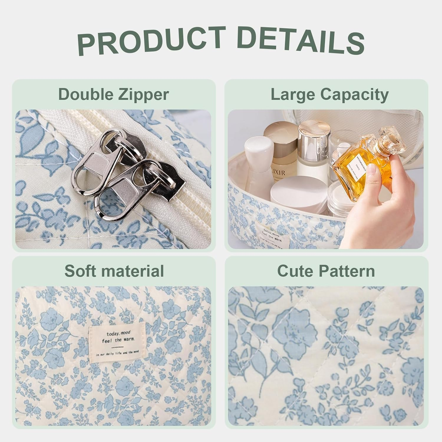 3-Piece Floral Makeup Bag Set, Quilted Cotton Cosmetic Pouch Organizer for Women & Girls, Large Travel Toiletry Bag with Medium & Small Bag, Cute Aesthetic Gift Set-Quttly image number 1