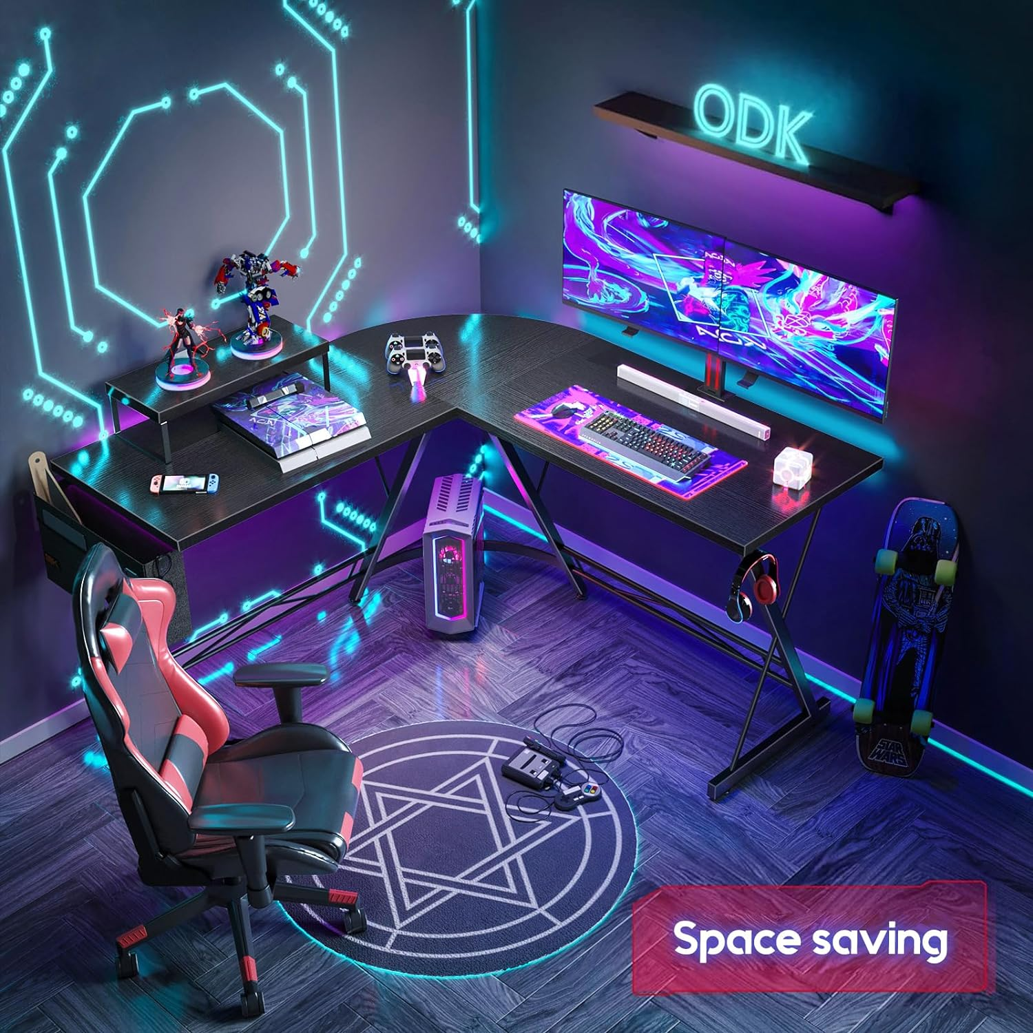 ODK Gaming Desk 127X127X77Cm, L Shaped Desk with Monitor Stand&Storage Bag, Metal Legs, Corner Gaming Table with Headphone Hook for Home Office Bedroom Study, Black