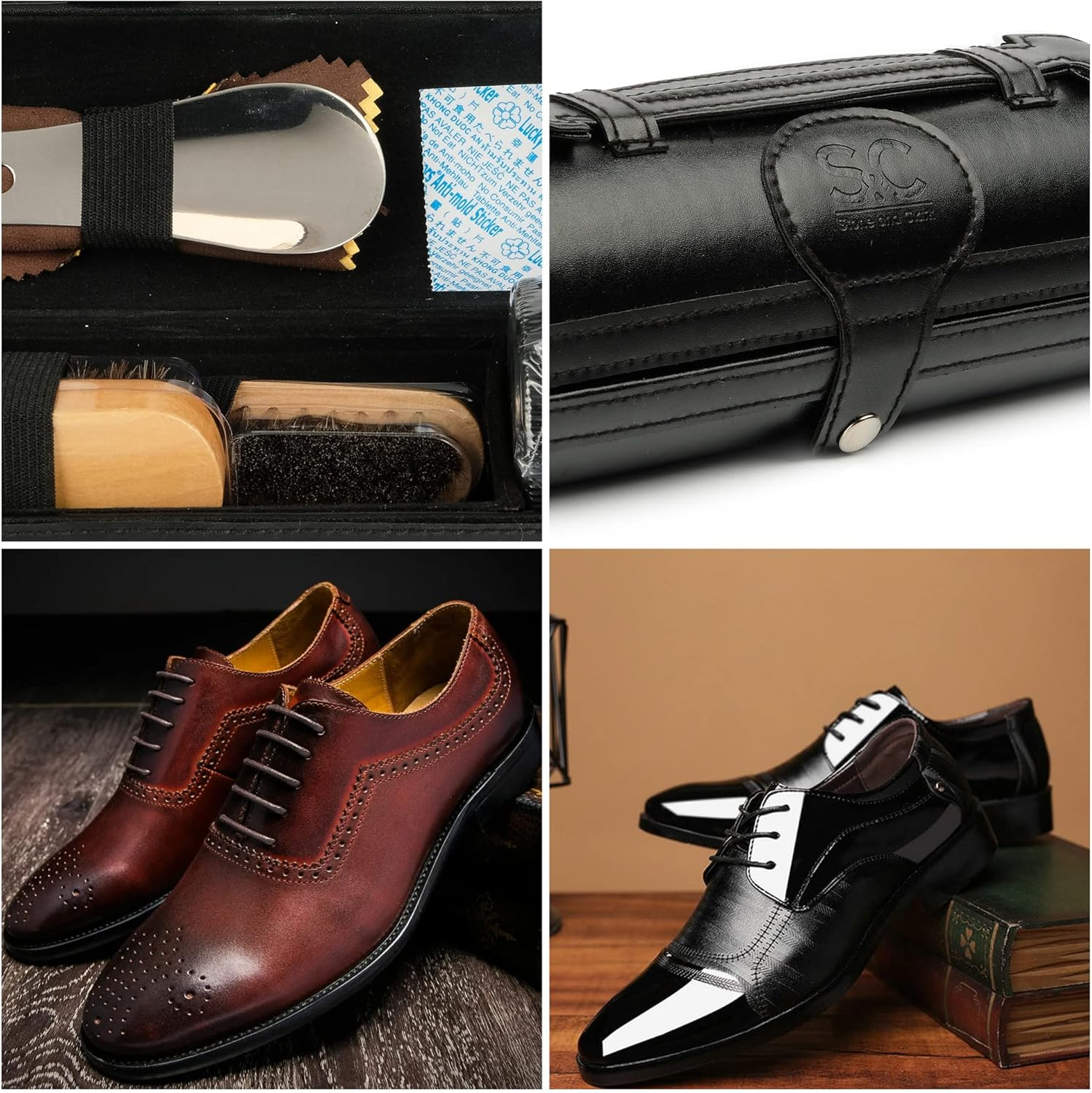 Stone & Clark 12PC Shoe Polish & Care Kit, Leather Shoe Shine Kit with Brown Wax, Shoe Brushes for Polishing (Case: Classic Black)&hellip; image number 4