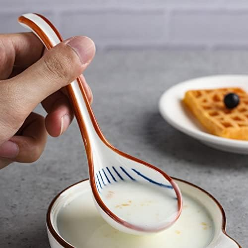 Asian Soup Spoon Ceramic Ramen Spoons Korean Spoons Porcelain Japanese Soup Spoon for Ramen Noodles Pho Miso Dumpling 4Pcs (Style 1) image number 5