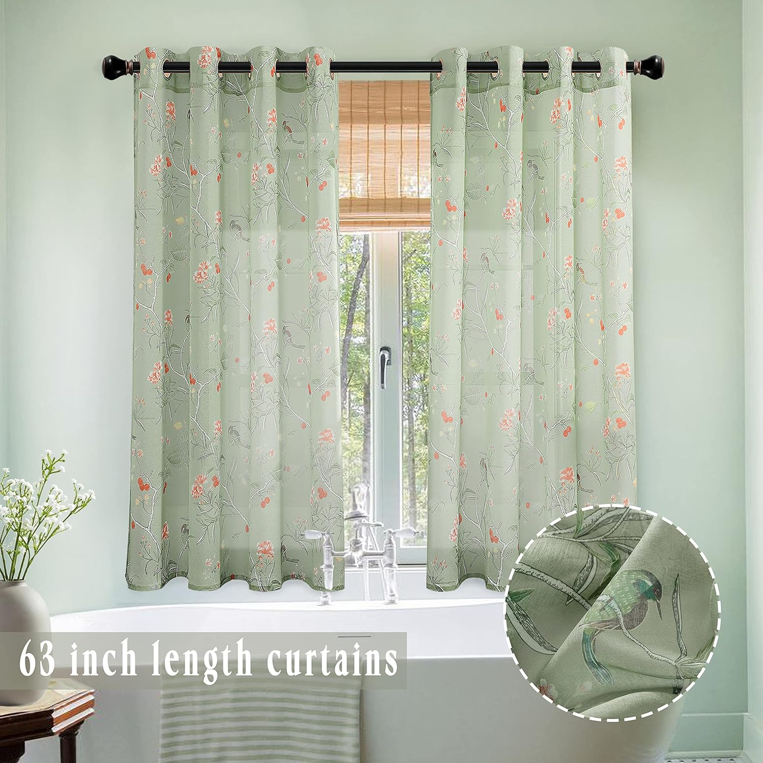 XTMYI Light Green Curtains 63 Inch Length for Bedroom 2 Panels Cute Birds Floral Pattern Rustic Cottage Core Cottagecore Sheer Decorative Kitchen Dining Room Bathroom Window, Sage Green, 52/''X63/'' image number 5