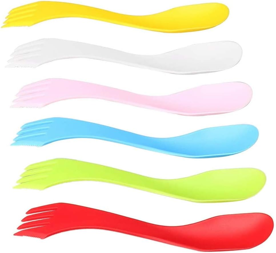 NA 6Pcs Plastic Spork Lightweight & Strong All in One Camping Cutlery Spoon Fork Knife Set Portable and Reusable Camping Spork Flatware for Backpacking Hiking Outdoors