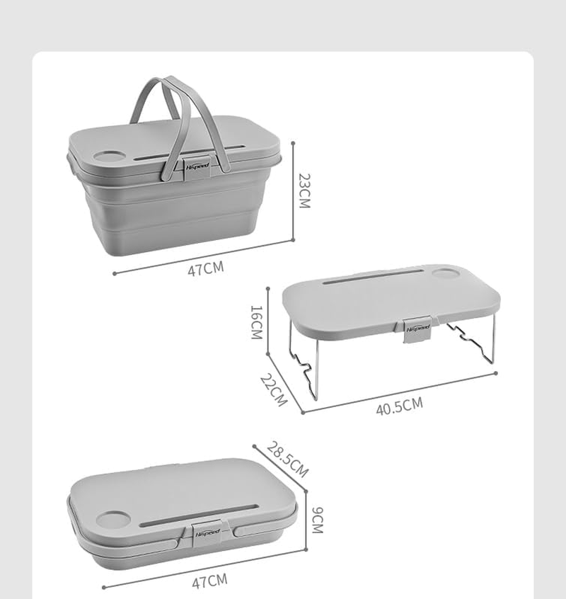 Portable Picnic Storage Basket with Folding Table Tray, Grey, Camping and Outdoor Use image number 1