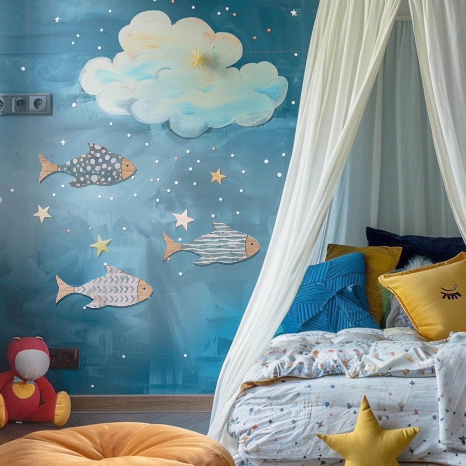 3 PCS Wooden Fish Coastal Decor Set, Beach Themed Room Decor, Vintage Lake House Decor, Nautical Ocean Fish Wall Art for Home Bathroom Living Room image number 2