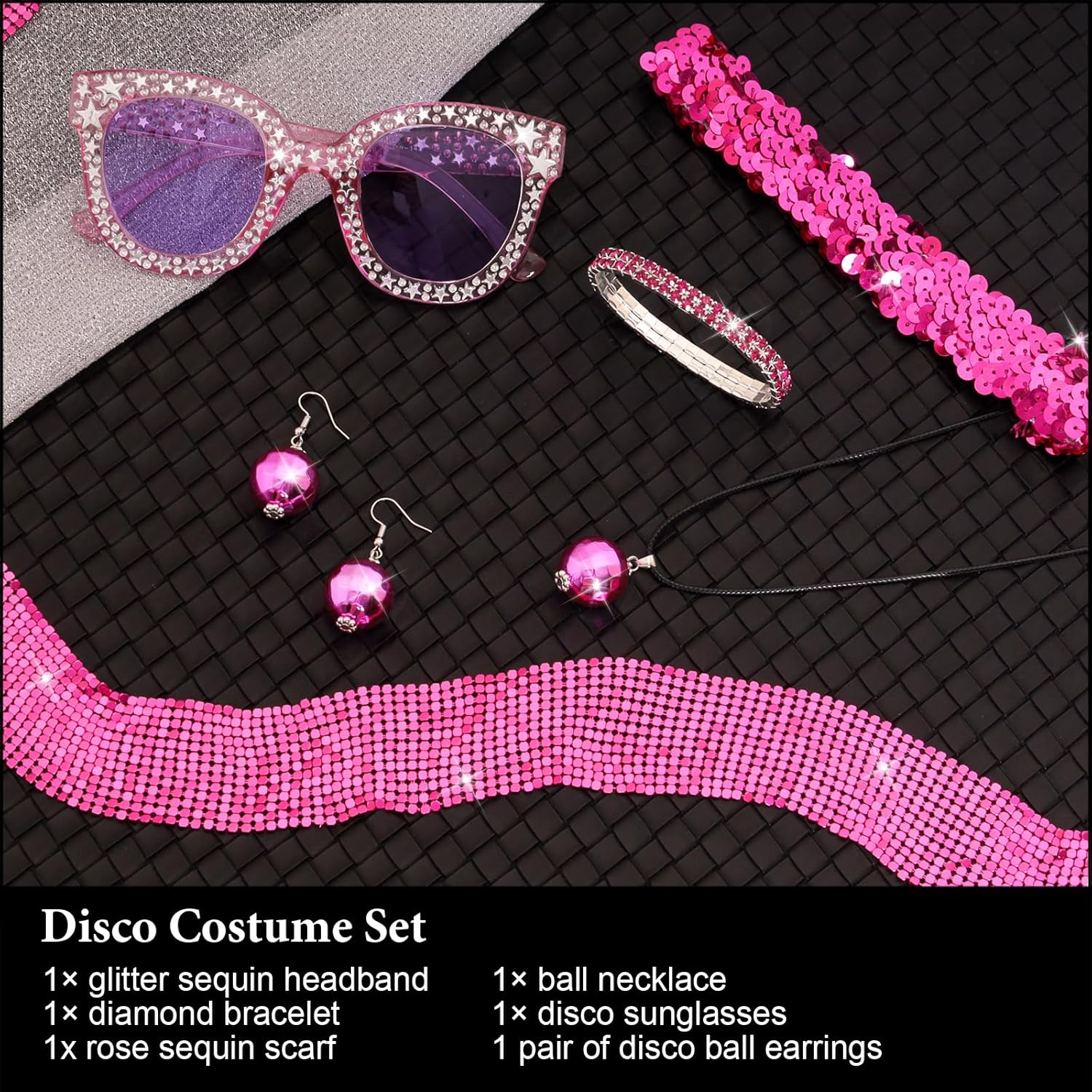 6 Pcs 70S Women Disco Accessories Disco Costume Jewelry Disco Sequin Scarf Headband Diamond Bracelet Ball Necklace Earring Glasses(Gold) - Black image number 6