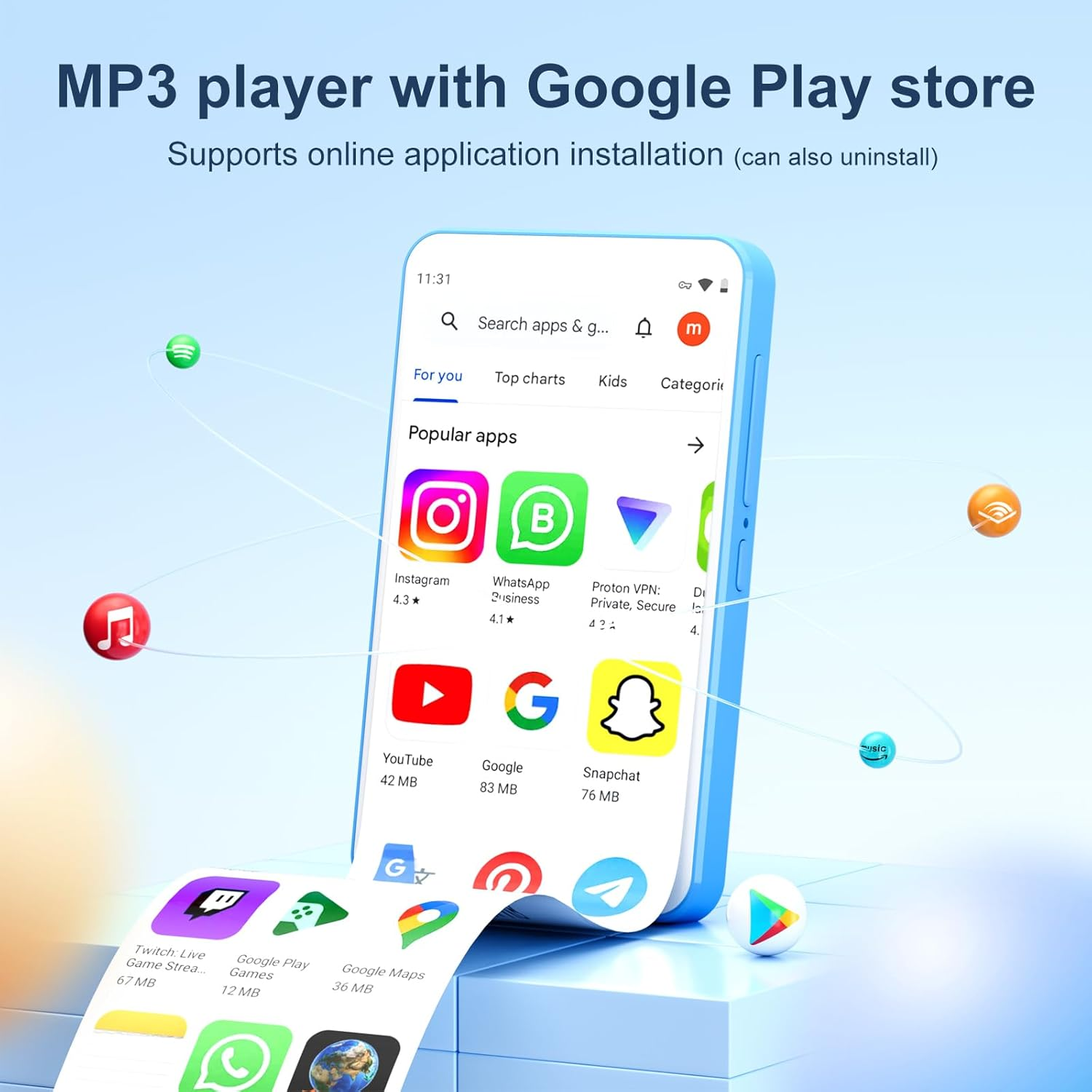 80GB MP3 Player with Bluetooth and Wifi, Mp3 & Mp4 Music Player with Spotify, Amazon Music, Deezer, Audible, Browser, 4.0" IPS Touch Screen Android Player with Speaker, FM Radio, up to 512GB (Blue)