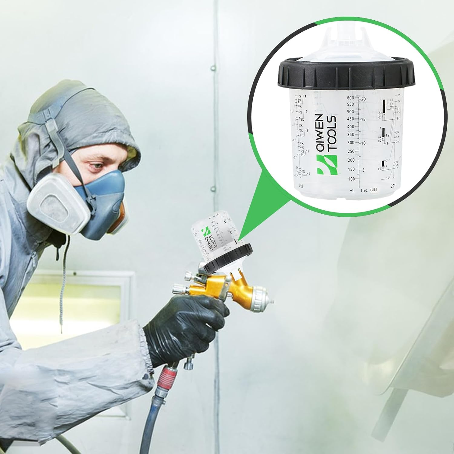 Disposables Paint Spray Guns Cups, Spray Paint System Mixing Kit for LVLP Sprays Guns, Includes 50 Inner Cups, 50 Lids, 20 Stoppers, 1 Outer Cup, 1 Black Fixing Ring